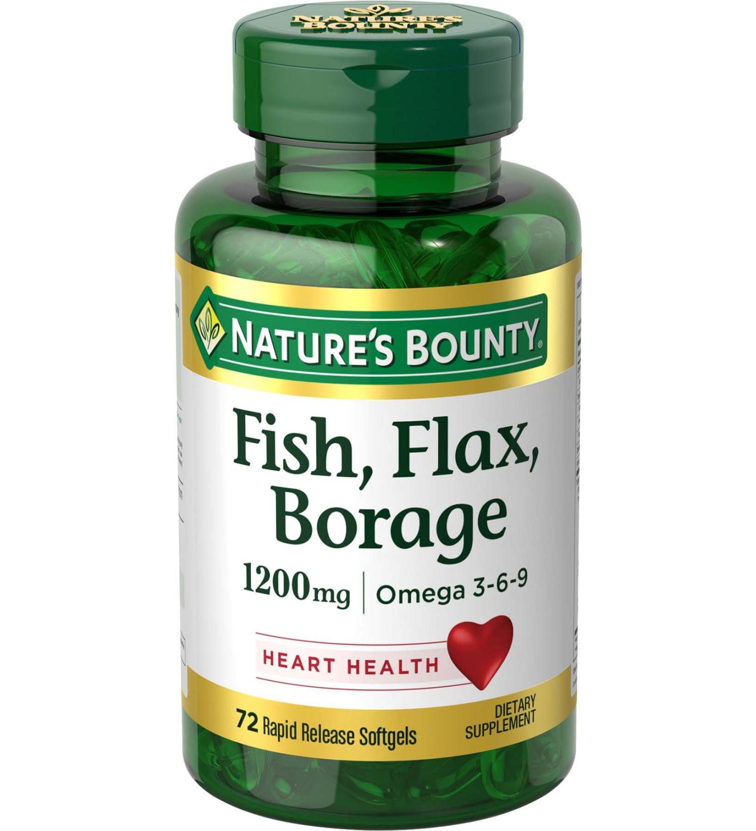 Nature's Bounty Fish Organic Flaxseed and Borage Oil Softgels - 1200mg, 72 ct - Omega 3-6-9 for Heart Health - Buy Online on GoSupps.com