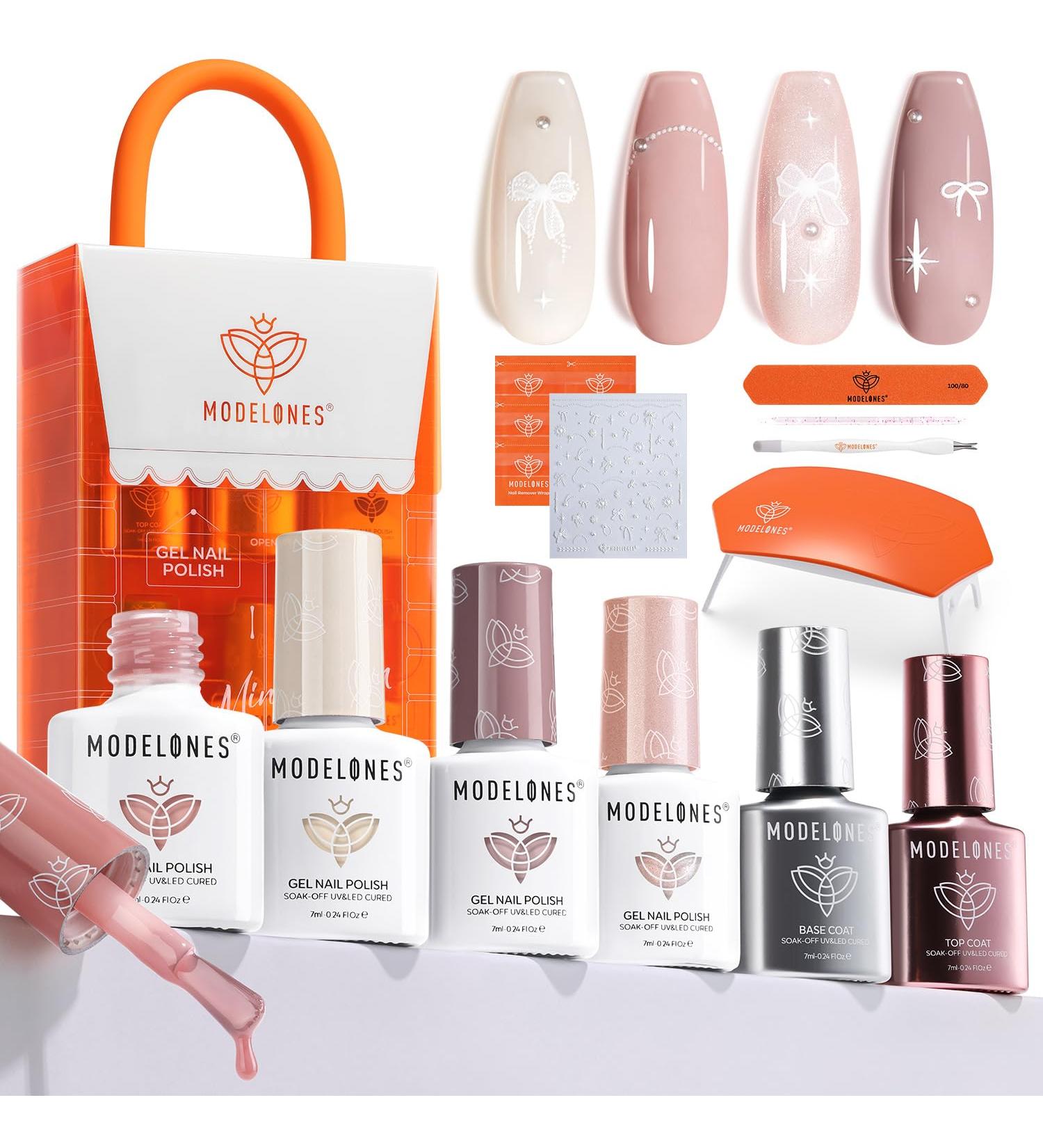Modelones Gel Nail Polish Kit with UV Light 4 Colors Base & Top Coat Stickers Milky White Nude Pink Glitter Fall Manicure Set DIY Home Nail Art Gift for Women - Buy Online on GoSupps.com