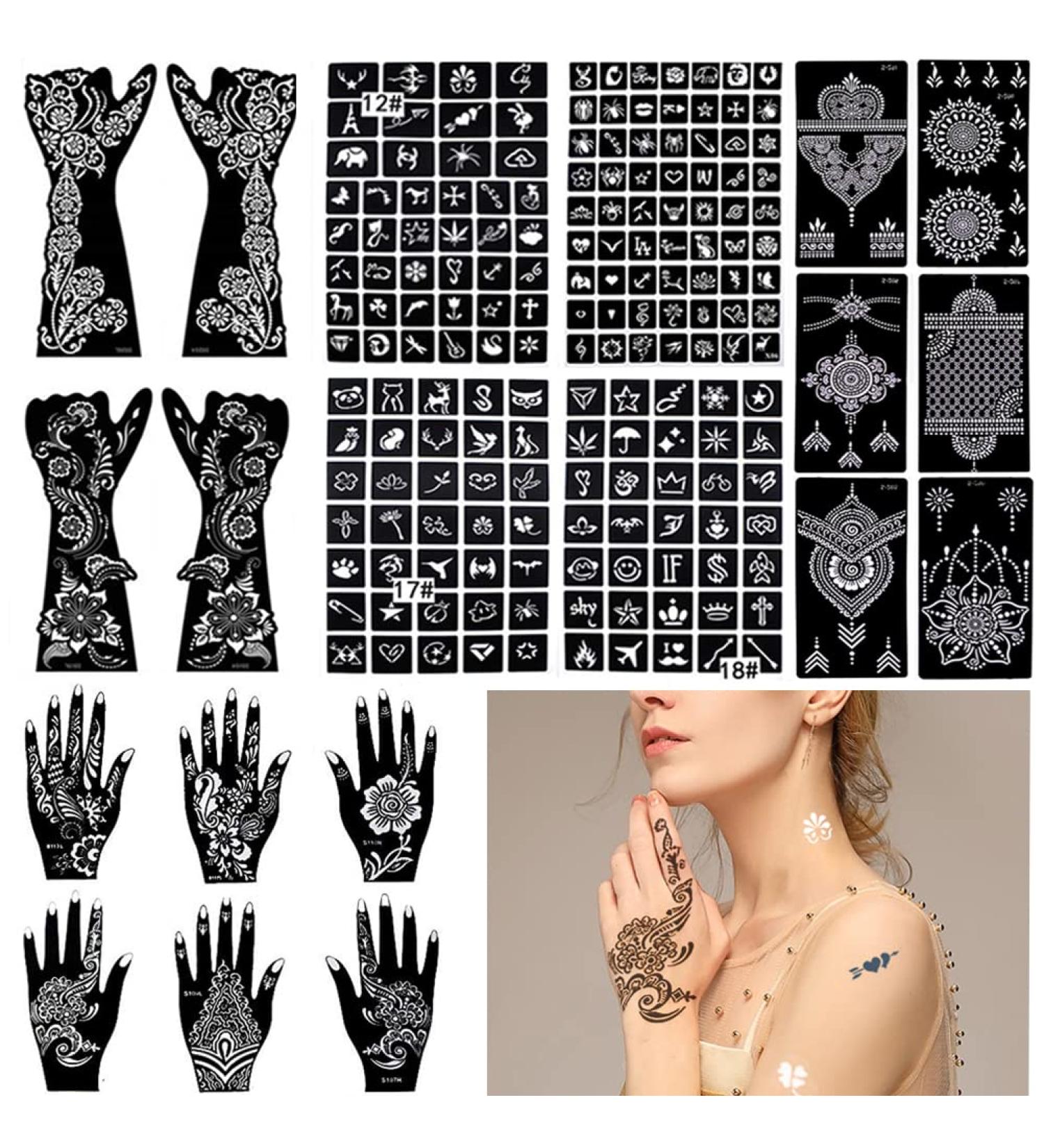 Arabian 191Pcs Temporary Tattoo Kit with Glitter - 20 Sheets Henna Stencils for Face and Body Paint - Buy Online on GoSupps.com