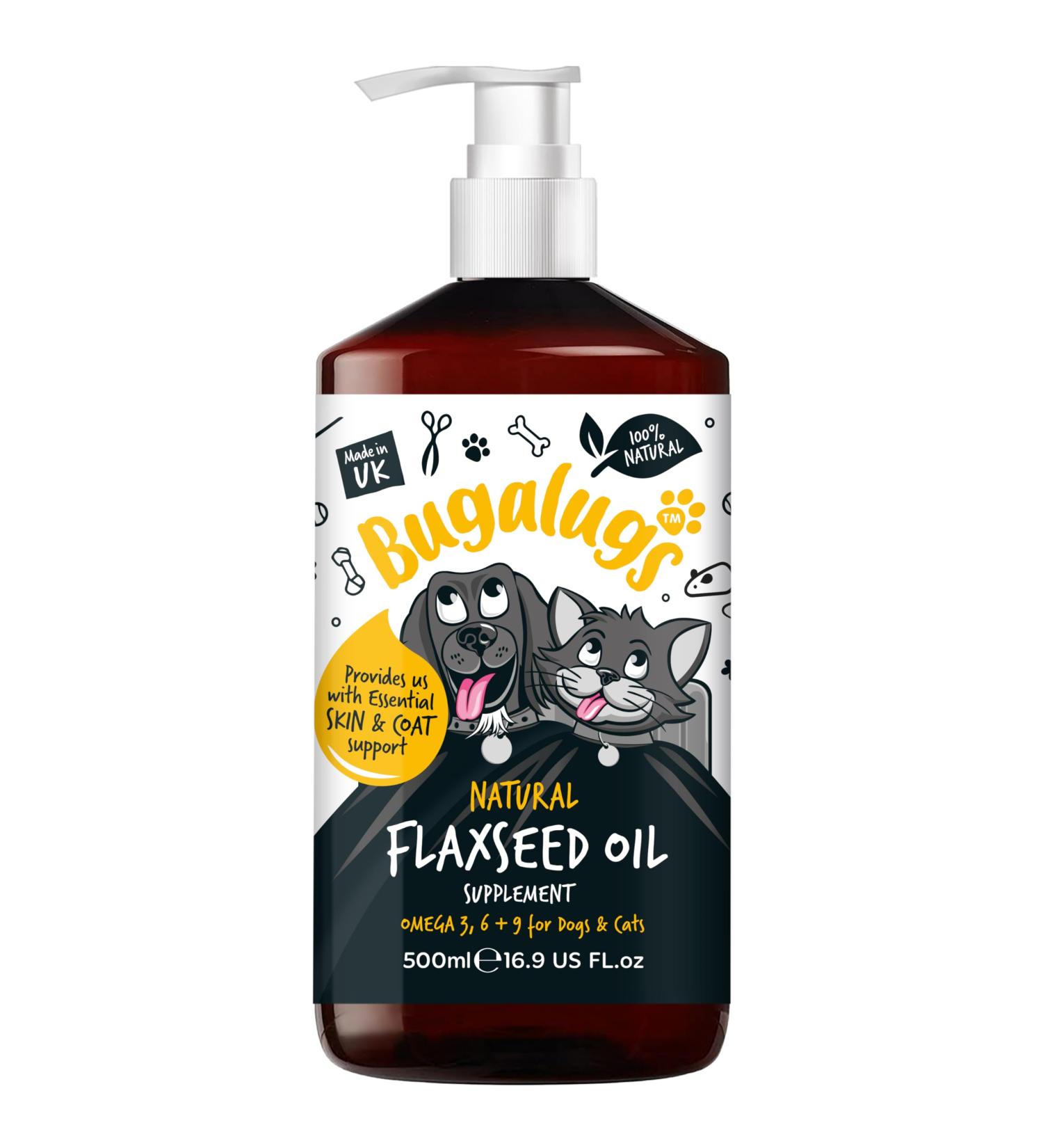 BUGALUGS Flaxseed Oil For Dogs Skin & Dog Supplements. Higher Omega 3 For Dogs 6 & 9 Than Salmon Oil For Dogs Uk Cold Pressed Dog Food Toppers Health Supplies For Dogs & Cat. Joint & Digestive 500ml - Buy Online on GoSupps.com