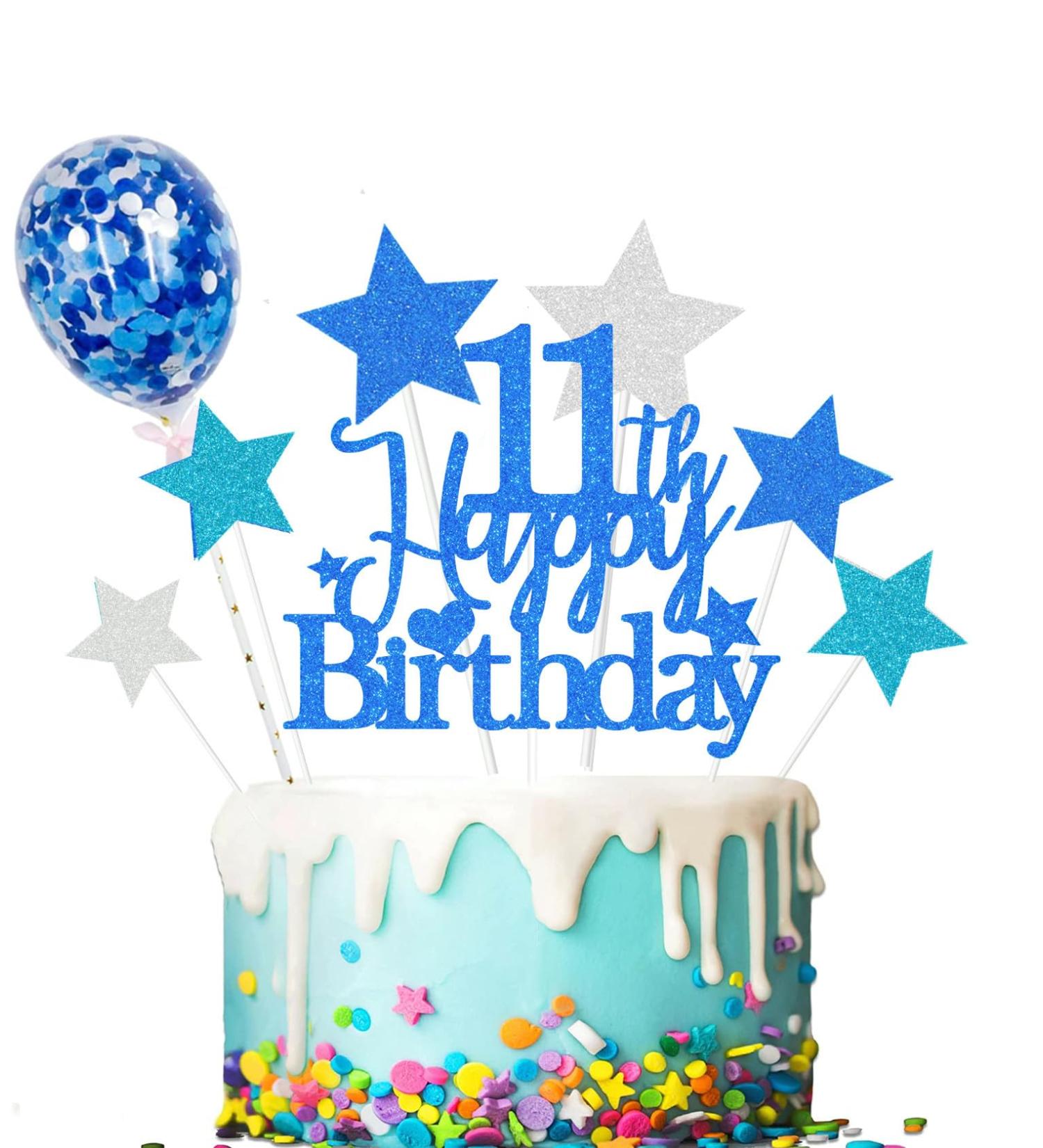 Elicola 11th Birthday Cake Toppers Blue Happy 11th Happy Birthday Cake Topper Glitter with Star Topper and Confetti Balloons for Eleven Years Old Mens Boys Birthday Party Decoration Supplies - Buy Online on GoSupps.com