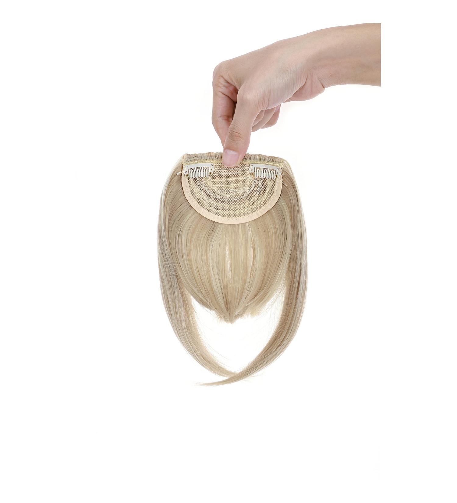 Clip In Bangs Hair Extension - Sandy Blonde & Bleach Blonde | Thick Straight Front Full Neat Fringe | 2 Clips One Piece for Women - Buy Online on GoSupps.com
