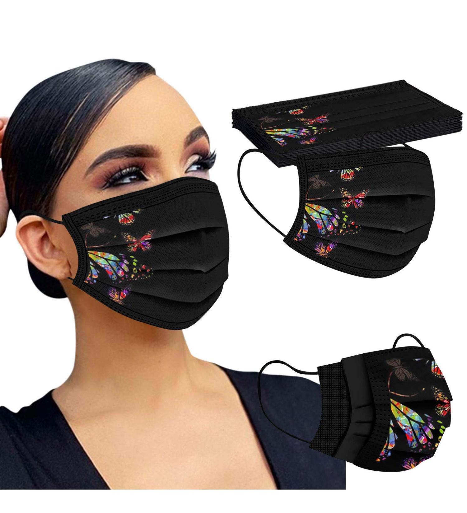 Zewuai 10-100PC Adult Women Butterfly Print Black Disposable Face_Mask 3Ply Non-Woven Breathable Face Bandana- Made in US. B-10pc - Buy Online on GoSupps.com