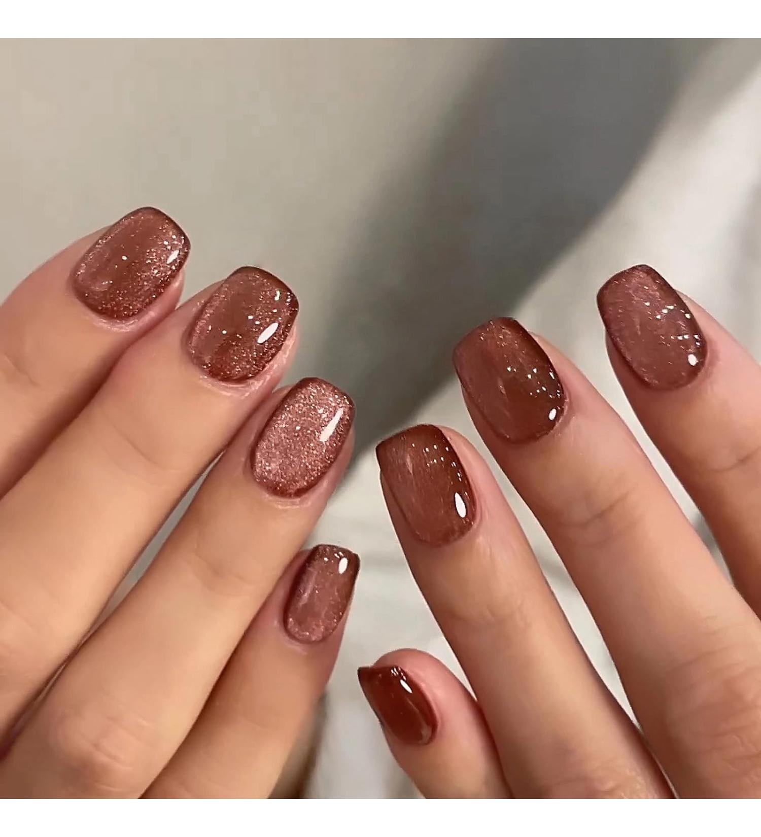 MISUD Fall Press on Nails - Short Square Glossy Bling Cat Eye Design Acrylic Nails 24 pcs Brown Glitter Chrome Stick on False Nails for Autumn - Perfect for Easy Glam Manicure - Buy Online on GoSupps.com