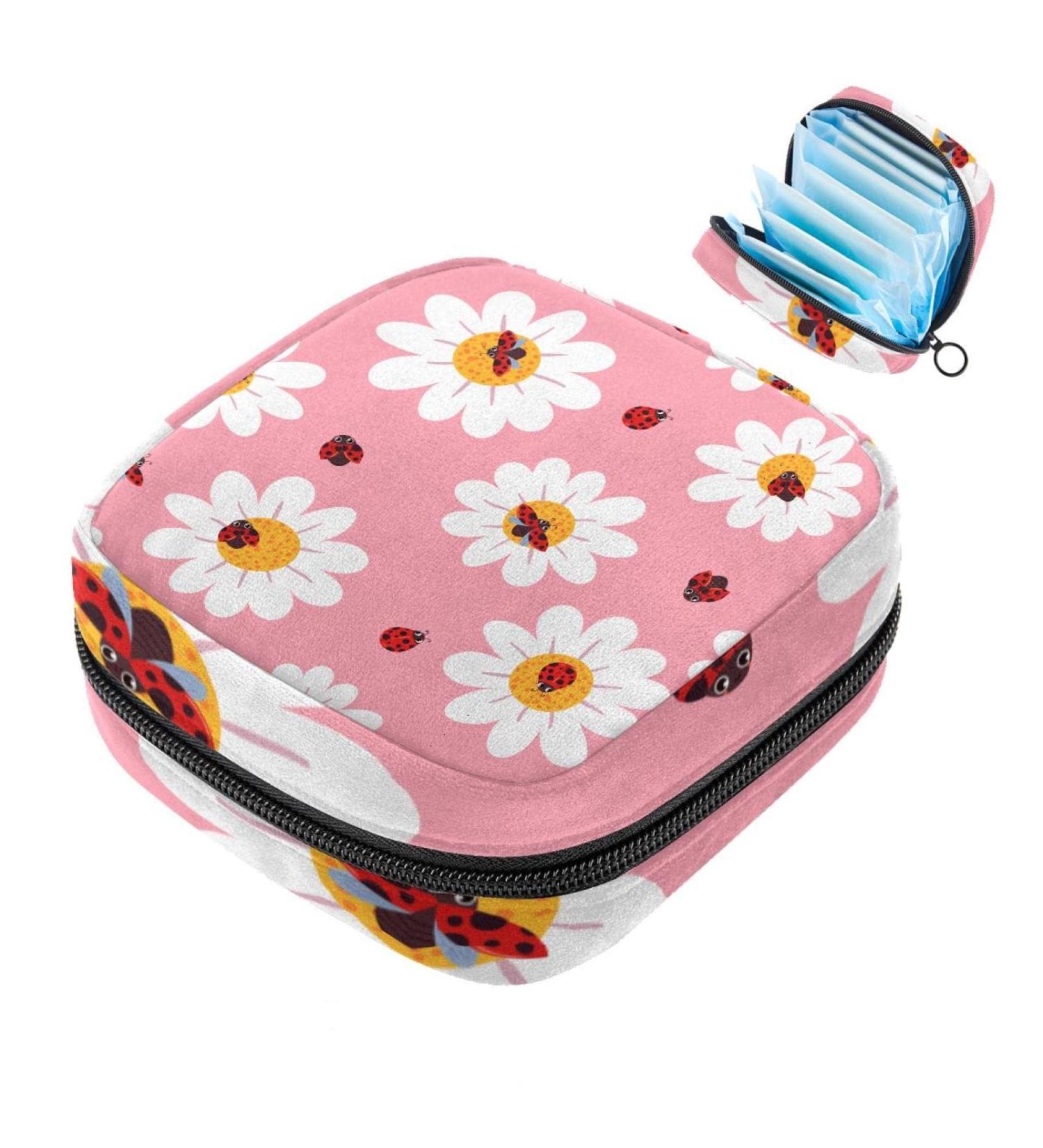 Stylish Women's Tampon Bag - White Flowers & Ladybug Pattern with Zip Pockets - Ideal Menstrual Storage | Multi-Function Binding Bag - Buy Online on GoSupps.com