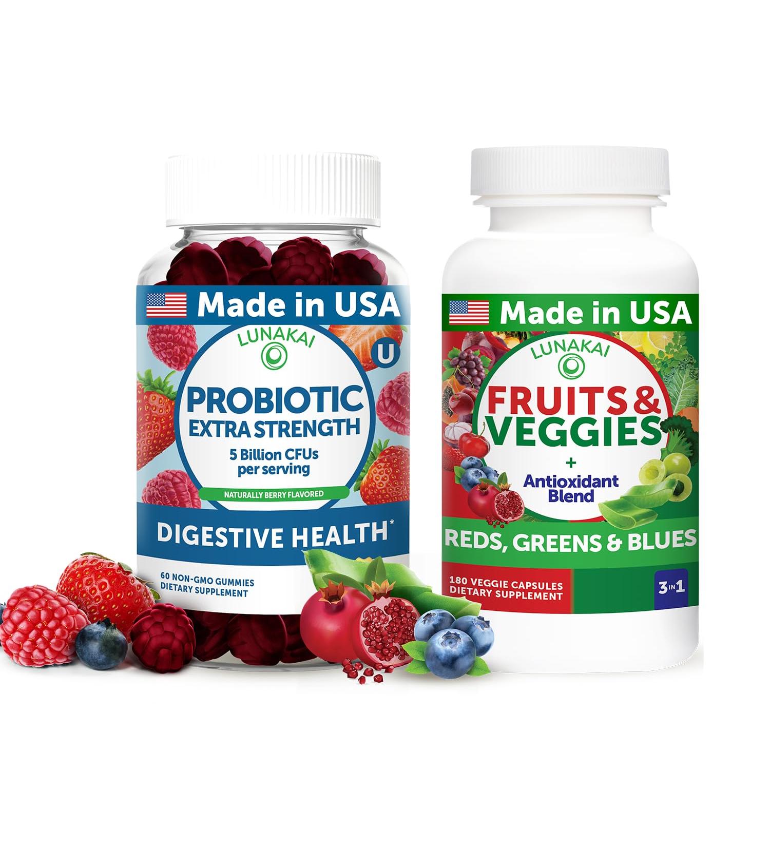 Lunakai USA Made Probiotic Gummies & Fruits & Veggies Capsules Digestive & Whole-Body Wellness Support 60 Gummies & 180 Veggie Capsules - Buy Online on GoSupps.com