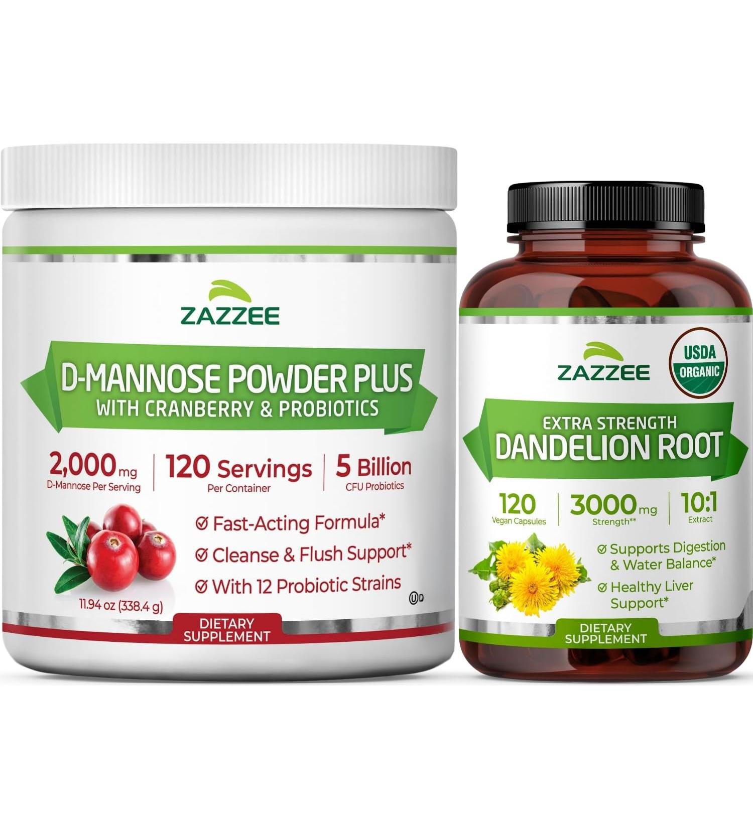 Zazzee Urinary Tract Cleanse & Detox Bundle | USDA Organic Dandelion Root Extract Capsules Plus D Mannose with Cranberry Probiotics for Women | Non-GMO Vegan & ISO Lab Tested (120 Servings Each) - Buy Online on GoSupps.com