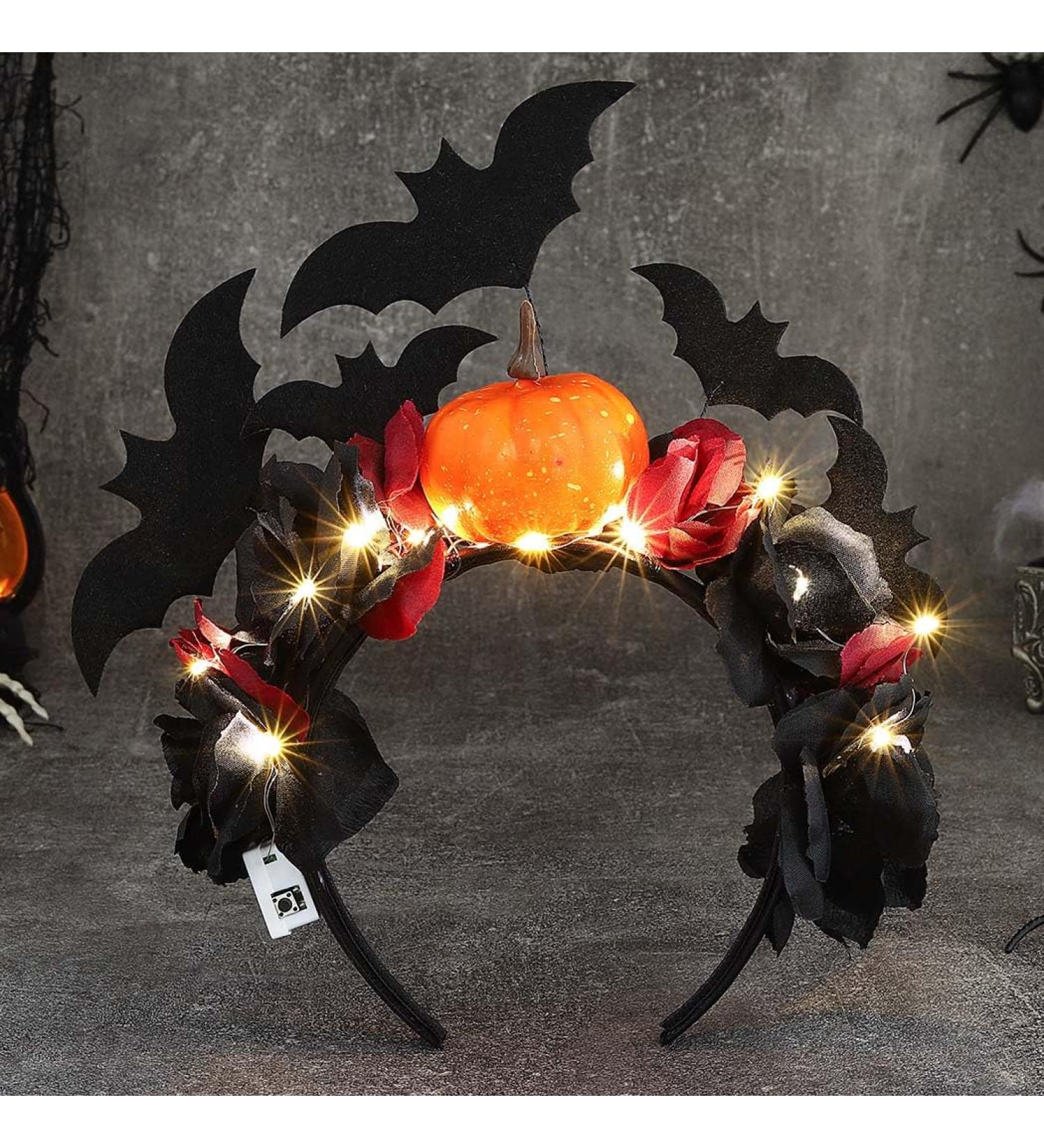 Vakkery Light Up Halloween Pumpkin Headband LED Flower Headbands Black Bat Decoration Headdress Glowing Halloween Party Festival Hair Accessories for Women and Girls - Buy Online on GoSupps.com