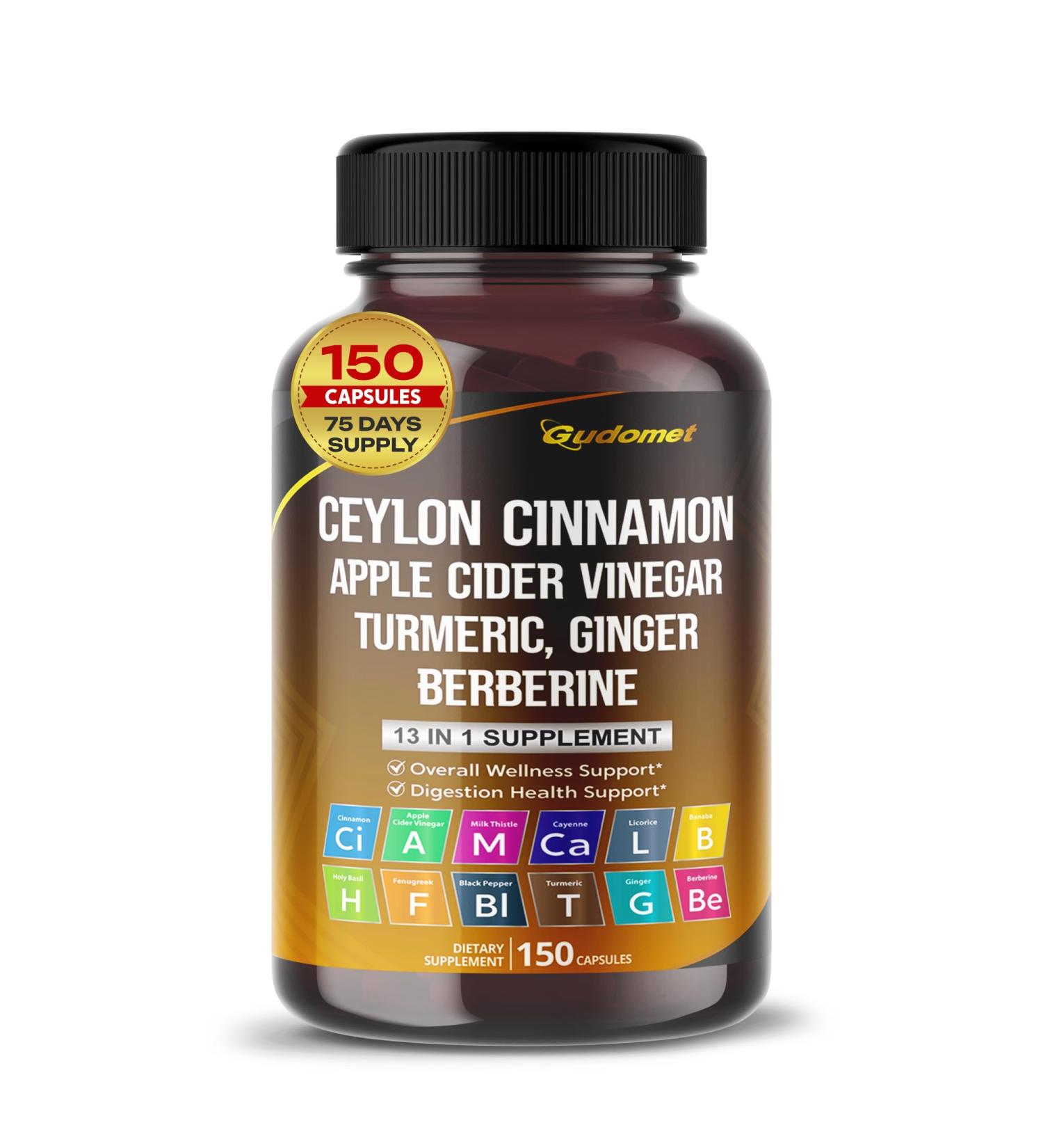 Ceylon Cinnamon Apple Cider Vinegar Turmeric Ginger Root Berberine Gymnema sylvestre Milk Thistle Licorice -150 Capsules 150 count (pack of 1) - Buy Online on GoSupps.com