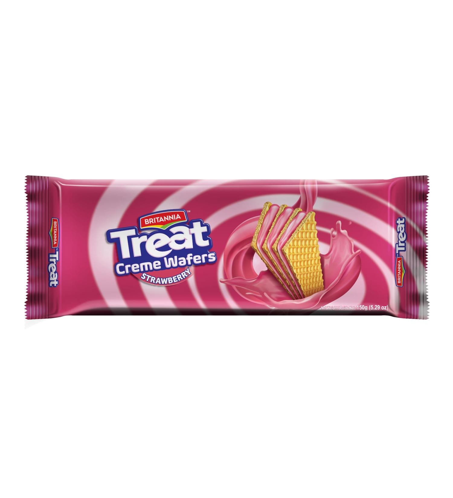 Britannia Treat Strawberry Wafer Cookies Pack of 24 (x 150g) | Delicious Strawberry Cream Filling | Crispy and Light Wafer Snack