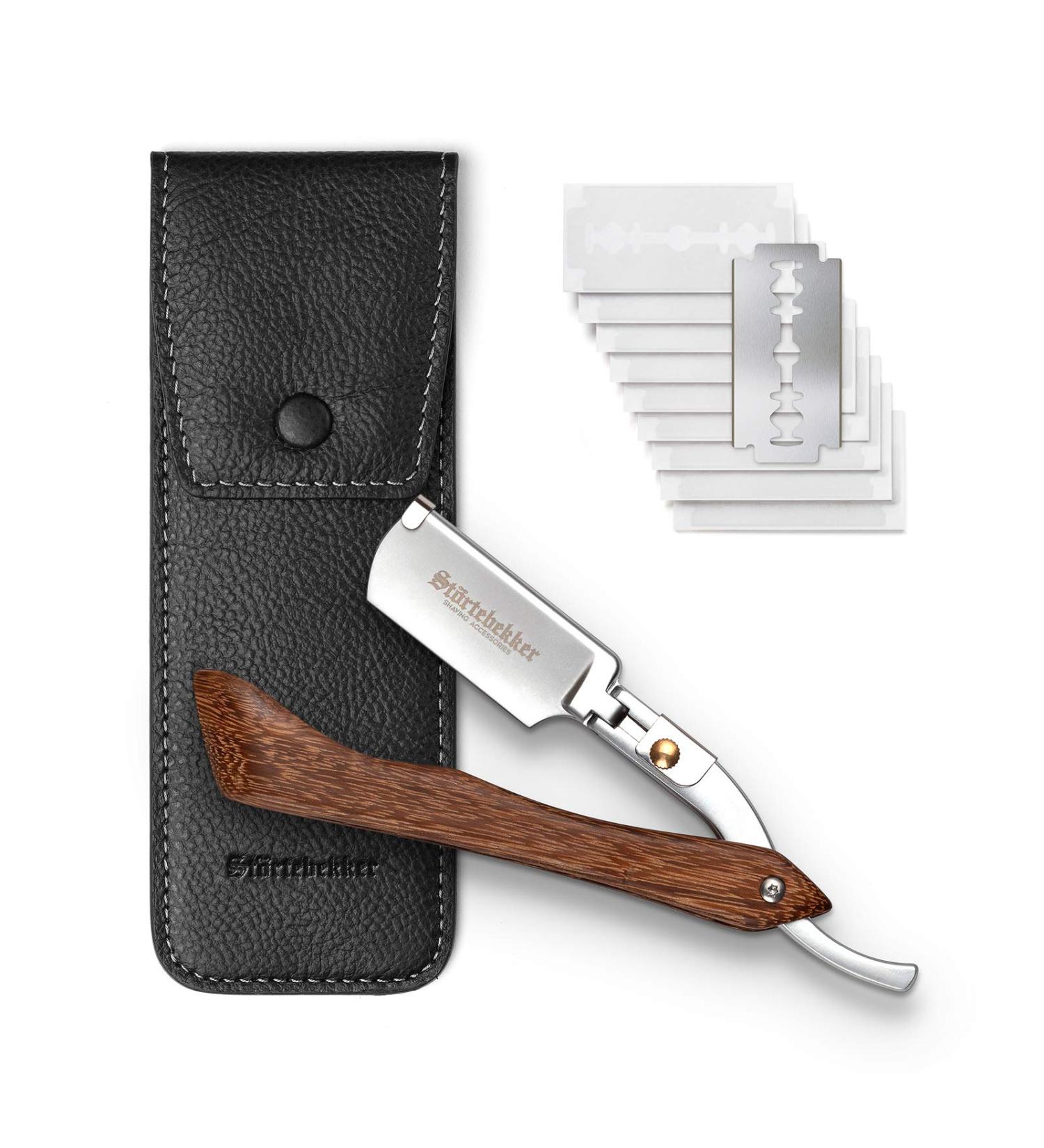 St rtebekker Razor with Wooden Handle & Leather Case | 10 Sharp Blades | Alum Pencil & Shaving Guide | Perfect Gift Set for Wet Shaving - Black - Buy Online on GoSupps.com