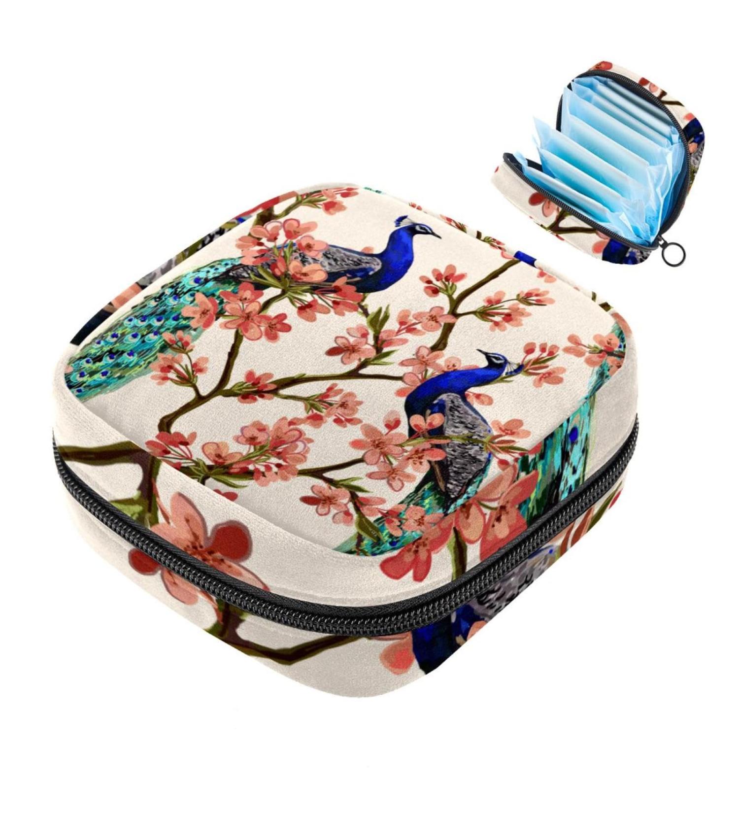 Stylish Portable Women's Menstrual Cup & Pad Bags | Artistic Peacock Flower Design for Teens - Buy Online on GoSupps.com