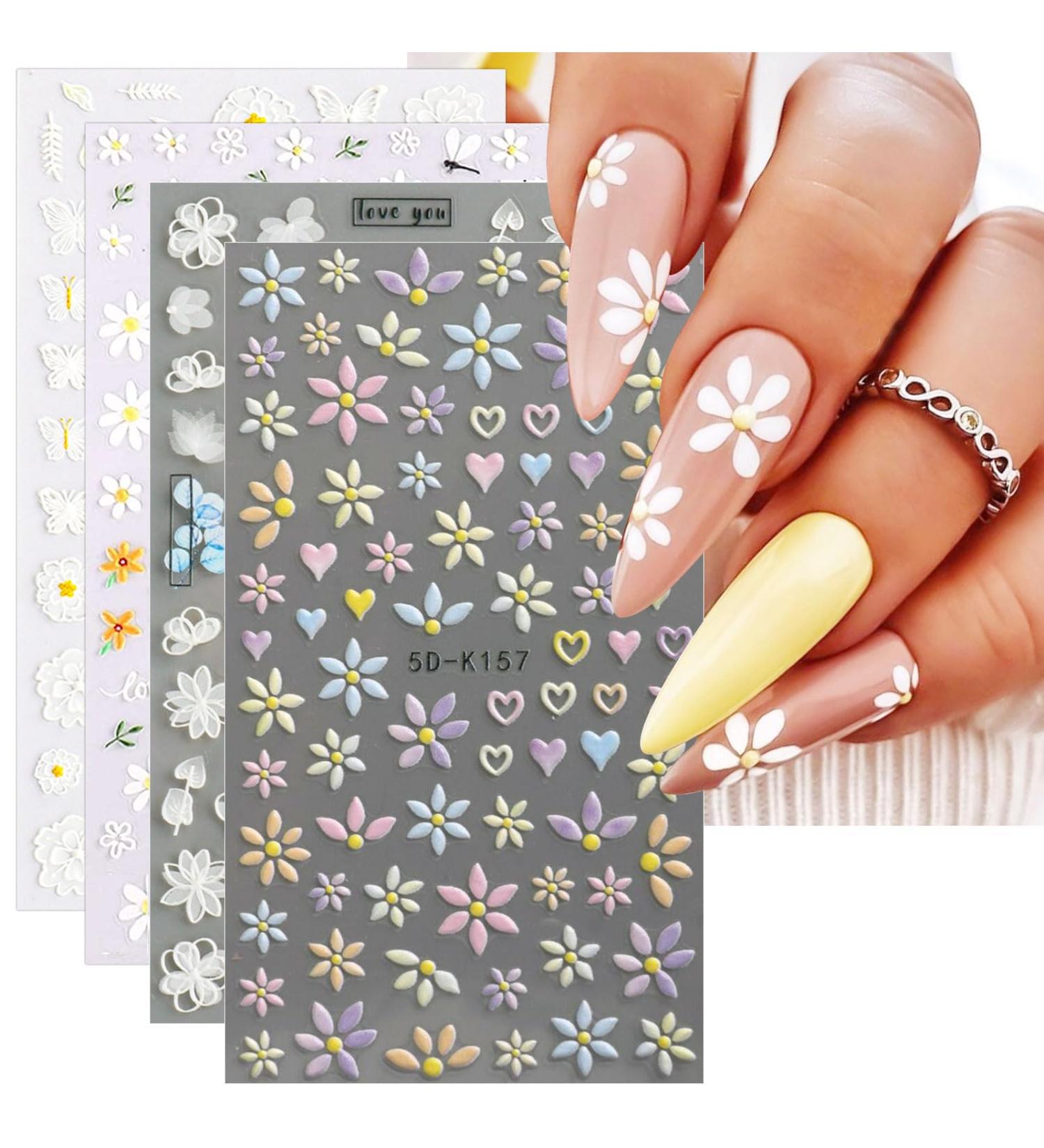 JMEOWIO 3D Embossed Spring Flower Nail Art Stickers Decals Self-Adhesive 5D Floral Colorful Summer Nail Supplies Nail Art Design Decoration Accessories 4 Sheets - Buy Online on GoSupps.com
