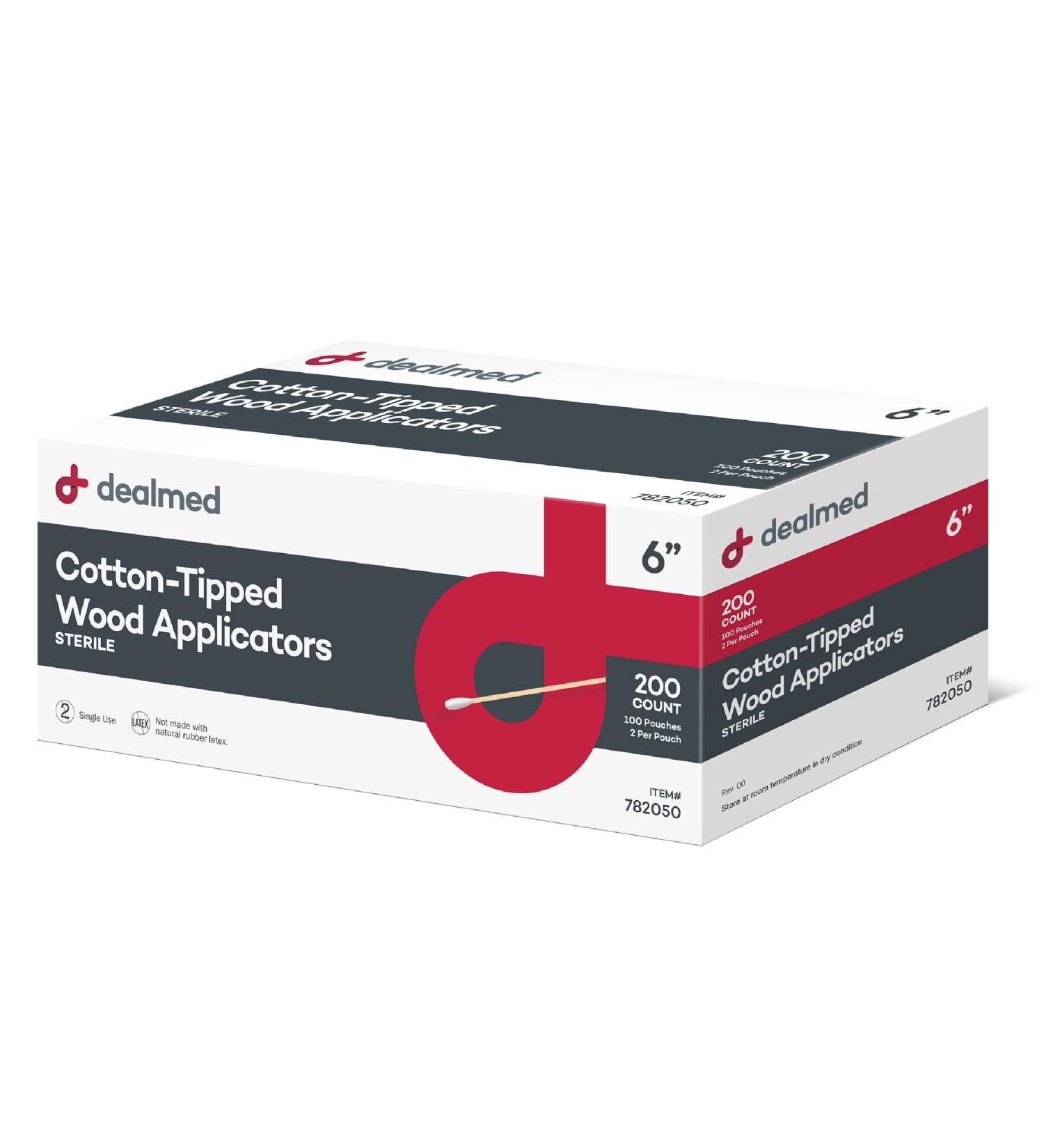 Dealmed 6 Sterile Cotton-Tipped Wood Applicators - 200 Count - Ideal for Medication Application, Skin Cleaning, Arts & Crafts - 6 Inch Length - Buy Online on GoSupps.com