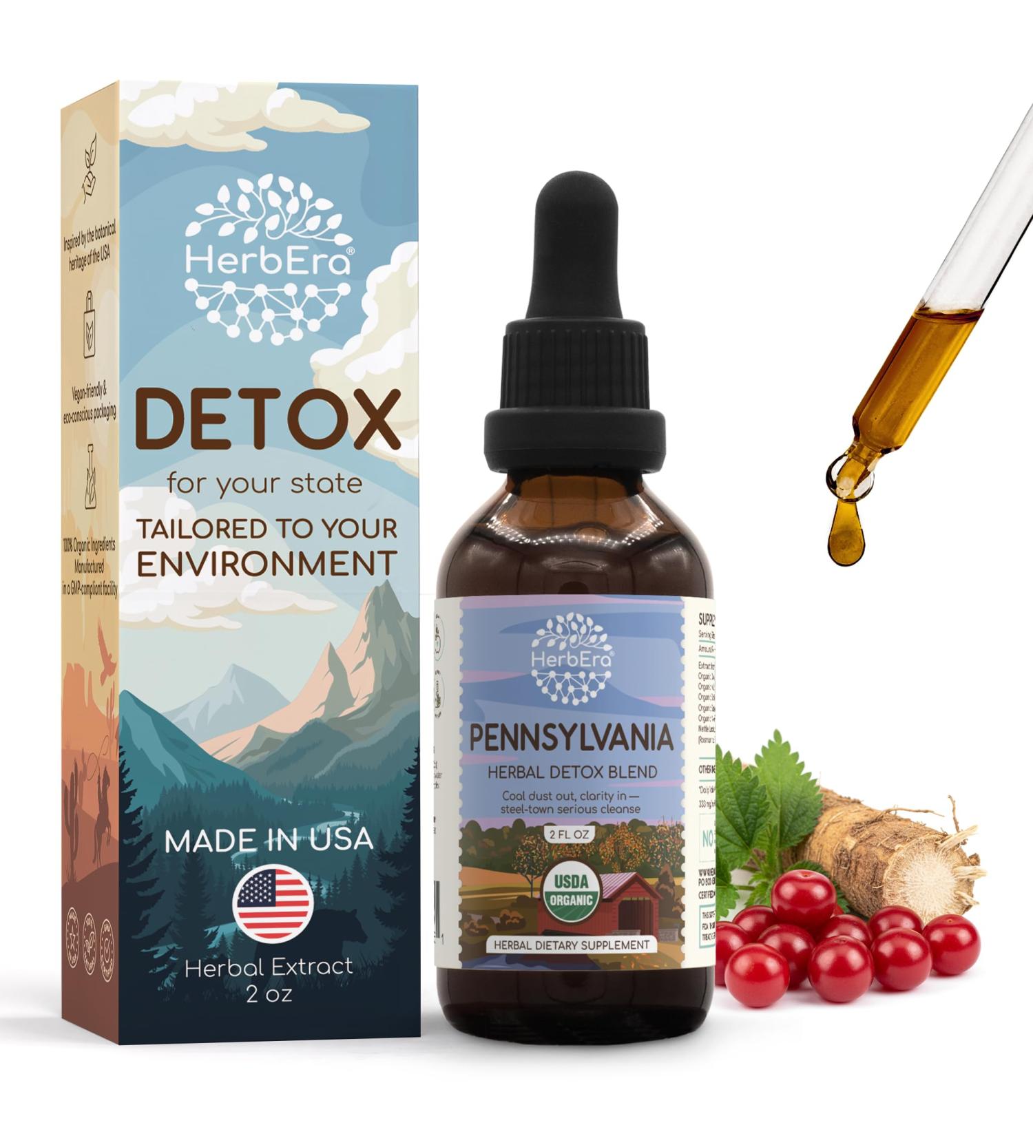 HerbEra Pennsylvania Herbal Detox Blend - USDA Organic Extract Made in USA | Immune & Liver Support Liquid Drops | Dandelion Root Milk Thistle Noni Sarsaparilla Schisandra | 2 fl oz - Buy Online on GoSupps.com