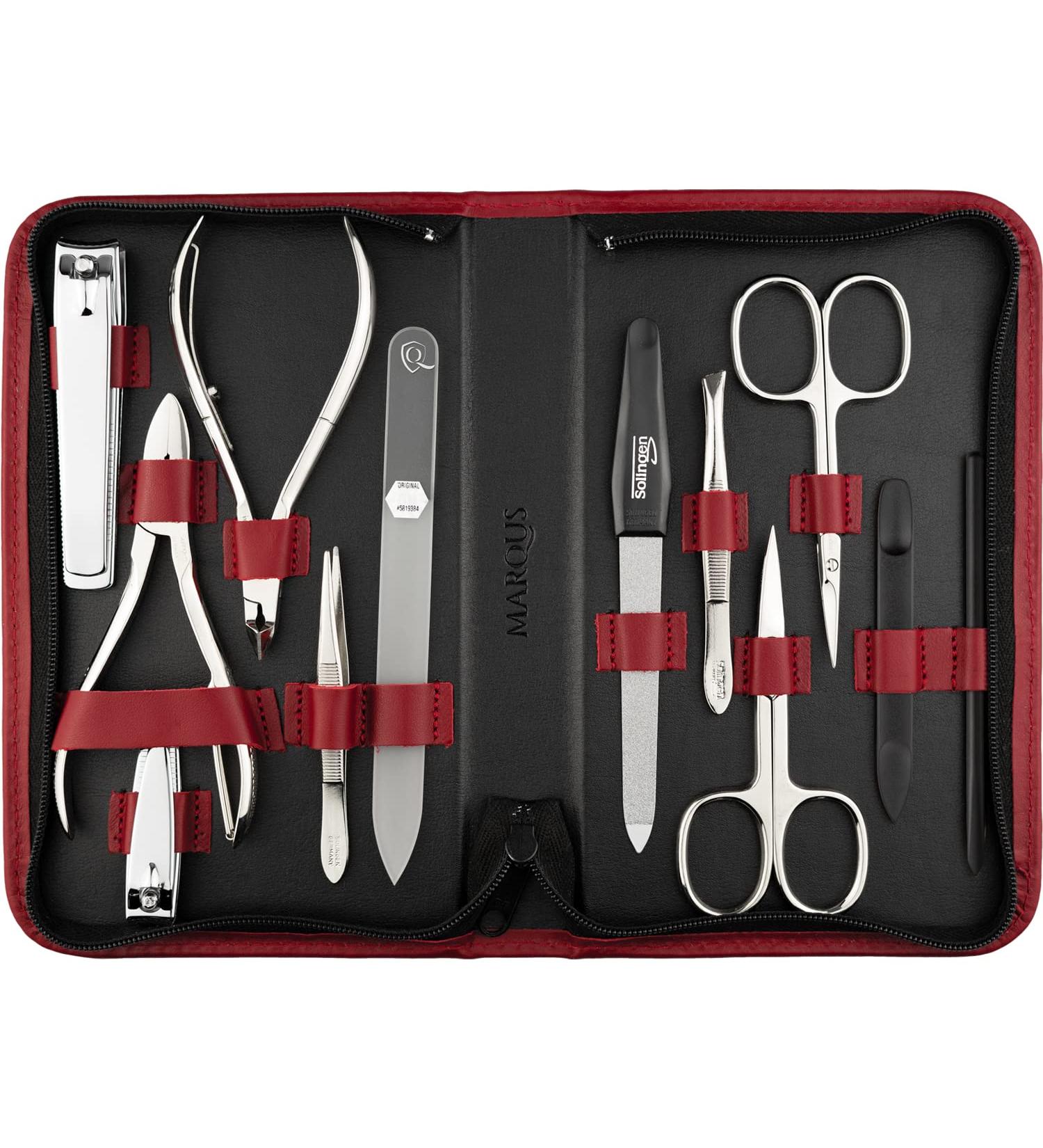 Marqus Solingen 12-Piece Manicure Pedicure Set in Real Leather Etui | Complete Hand & Foot Care - Perfect for Parties - Red - Buy Online on GoSupps.com