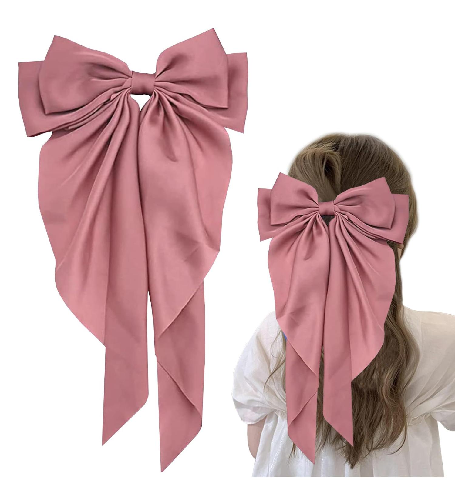 Hair Bow Pink Big Hair Bows for Women Solid Color Bow Hair Clips with Long Ribbon French Pink Bow Hair Clip Soft Satin Silky Hair Bows Cute Gifts for Women Girls (Pink) - Buy Online on GoSupps.com