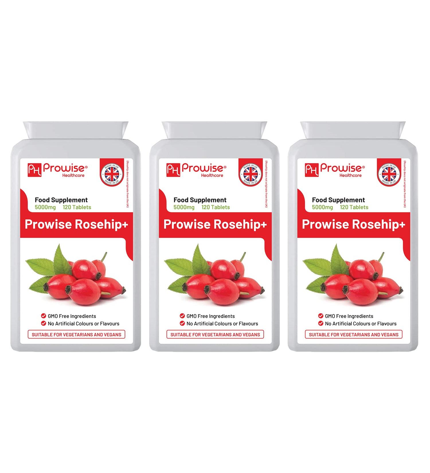 Rosehip Health+ (Pack of 3) 5000mg 120 Vegetarian & Vegan Tablets | High Strength Rosehip Tablets Supplements - UK Manufactured | GMP Standards by Prowise Healthcare - Buy Online on GoSupps.com
