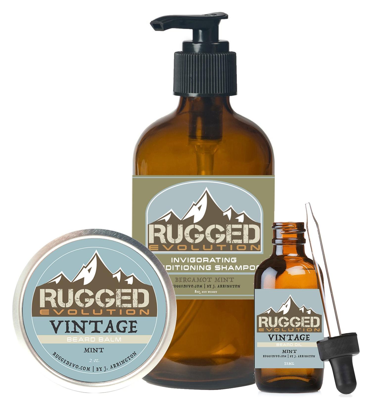 Vintage (Mint Scented) - Strong Strength Premium Beard Care Combo Package Daily Man - Facial Hair Care Balm Beard Oil & Shampoo - Great Gift Idea (3 Piece Set)