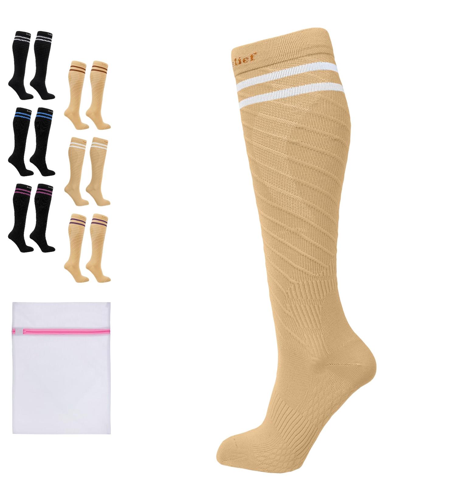 360 RELIEF - Flight Compression Socks Supports | Blood Circulation Travel Work S-M Beige with 2 White lines - Buy Online on GoSupps.com