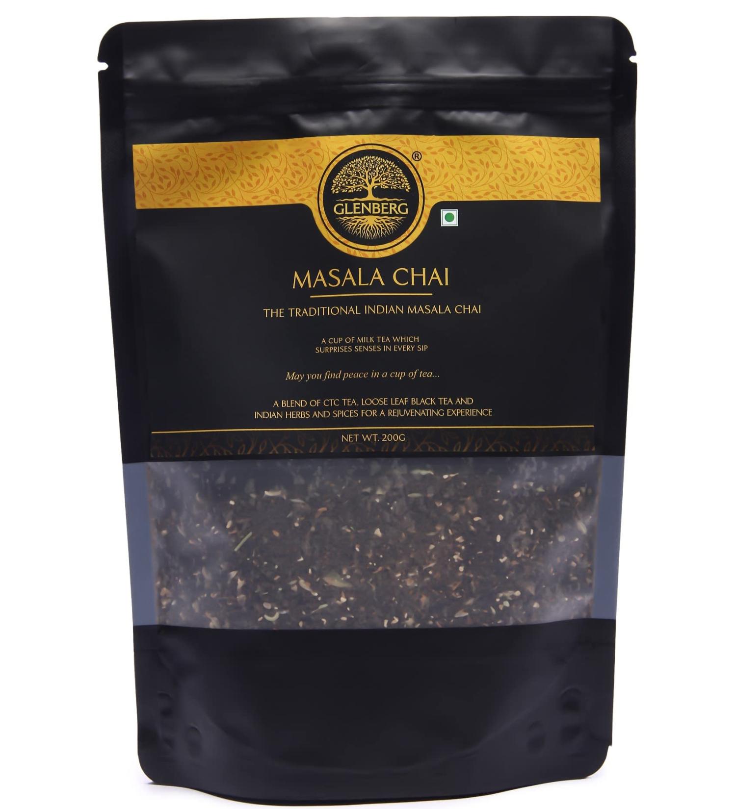 GLENBERG | MASALA CHAI TEA | Traditional Indian Masala Chai Tea with Pure Natural Herbs and Spices (Adrak/Ginger Cardamon/Elaichi Cinnamon/Dal Chini Licorice/Mulethi) | Milk Tea (200 Grams) 200 Grams | 100 Cups - Buy Online on GoSupps.com