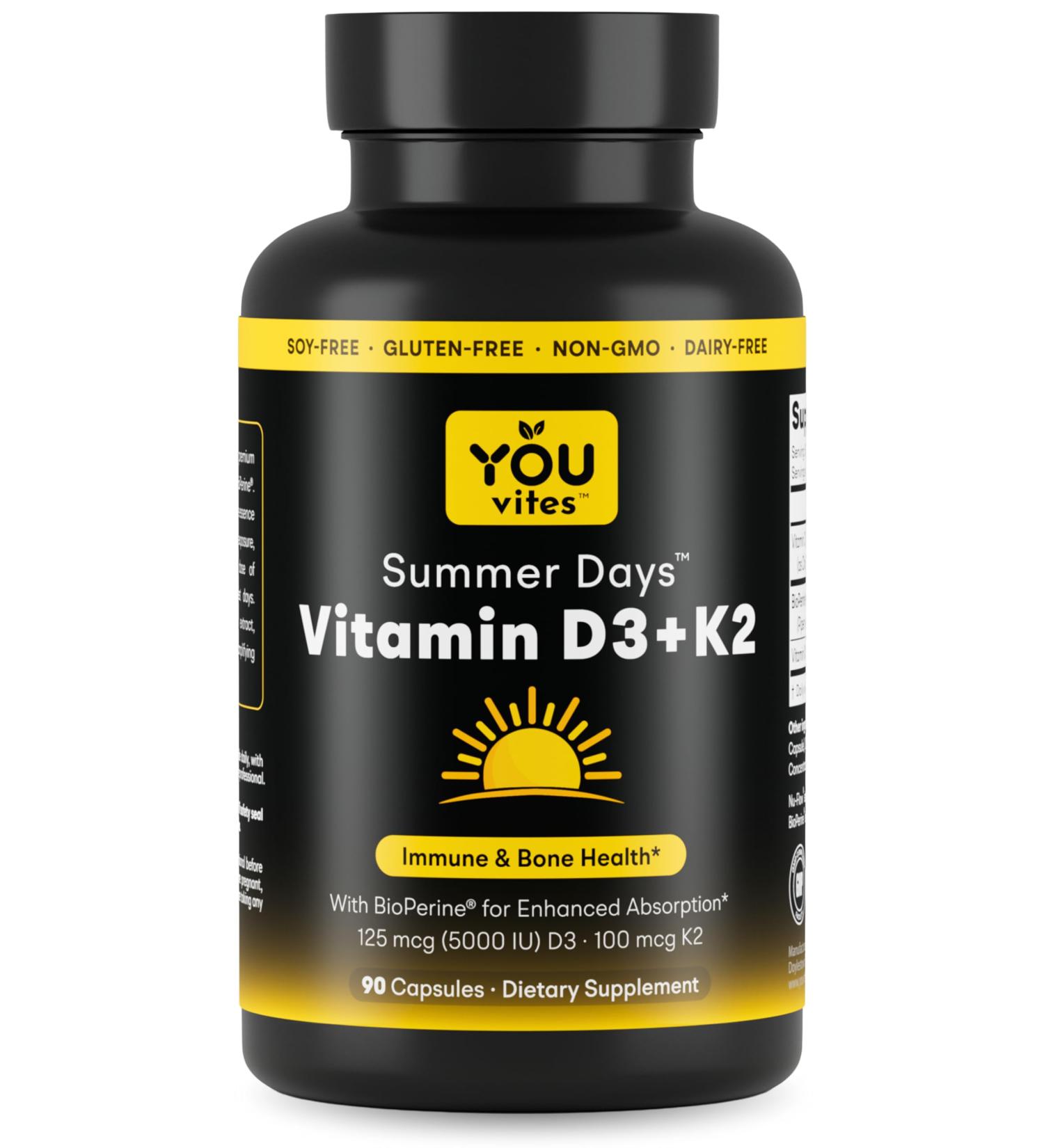 You Vites Vitamin D3 + K2 - Max Absorption 5000 IU D3 & 100 mcg K2 MK-7 (Menaquinone-7) with BioPerine - Bone Heart & Immune Support - Non-GMO Gluten Free Soy Free - 90 Capsules - Daily Supplement - Buy Online on GoSupps.com