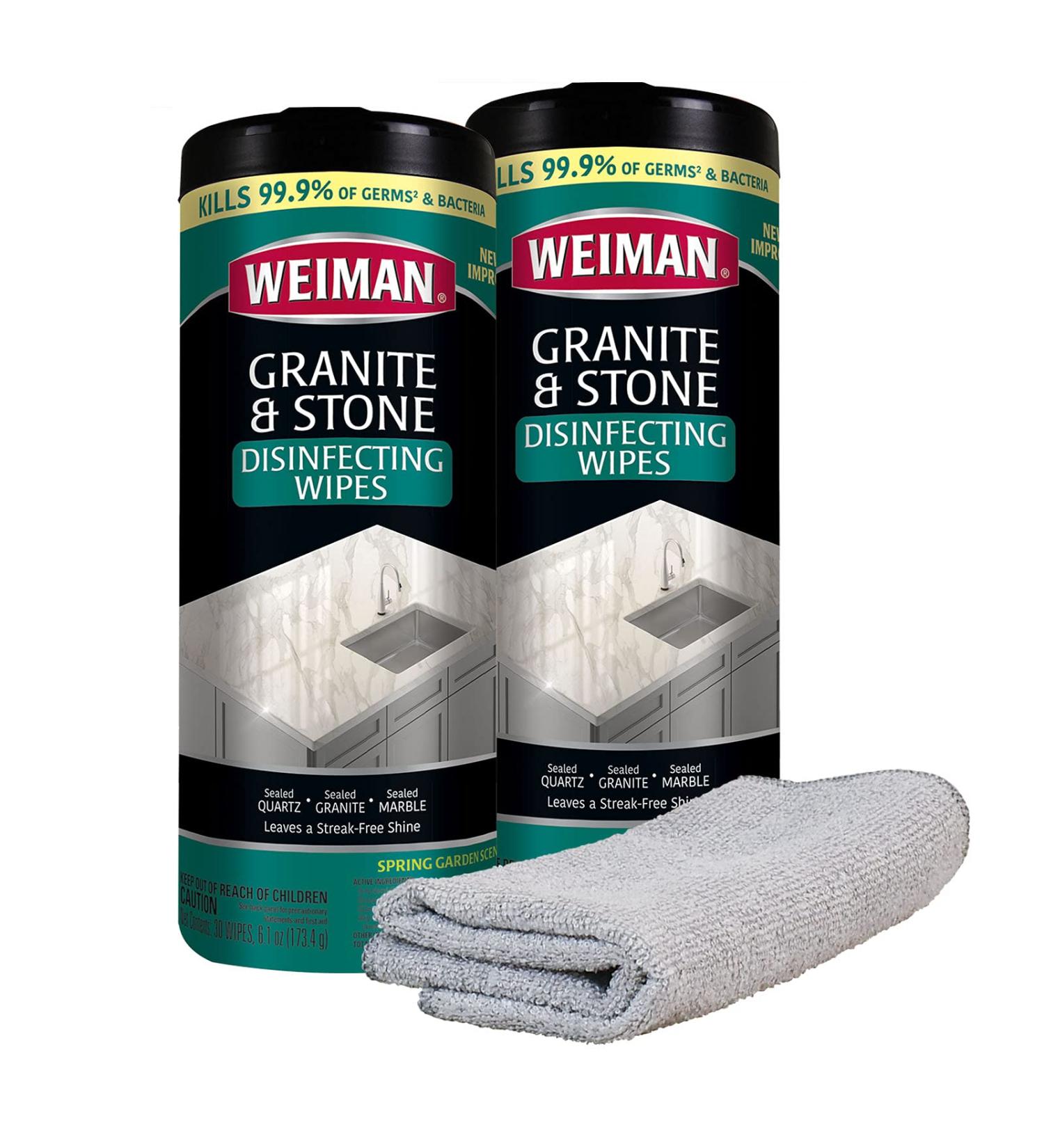 Weiman Granite Disinfectant Wipes - 2 Pack - 30 Wipes with Polishing Cloth - Clean, Disinfect, and Shine Sealed Granite & Stone Countertops - Buy Online on GoSupps.com