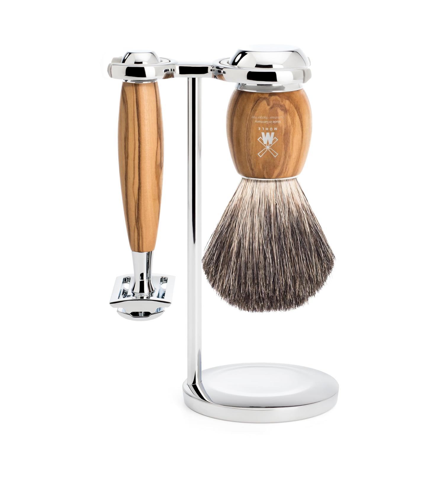 M HLE Vivo Shaving Set - Safety Razor & Pure Badger Hair Brush with Olive Wood Handle - Premium International Shipping - Buy Online on GoSupps.com