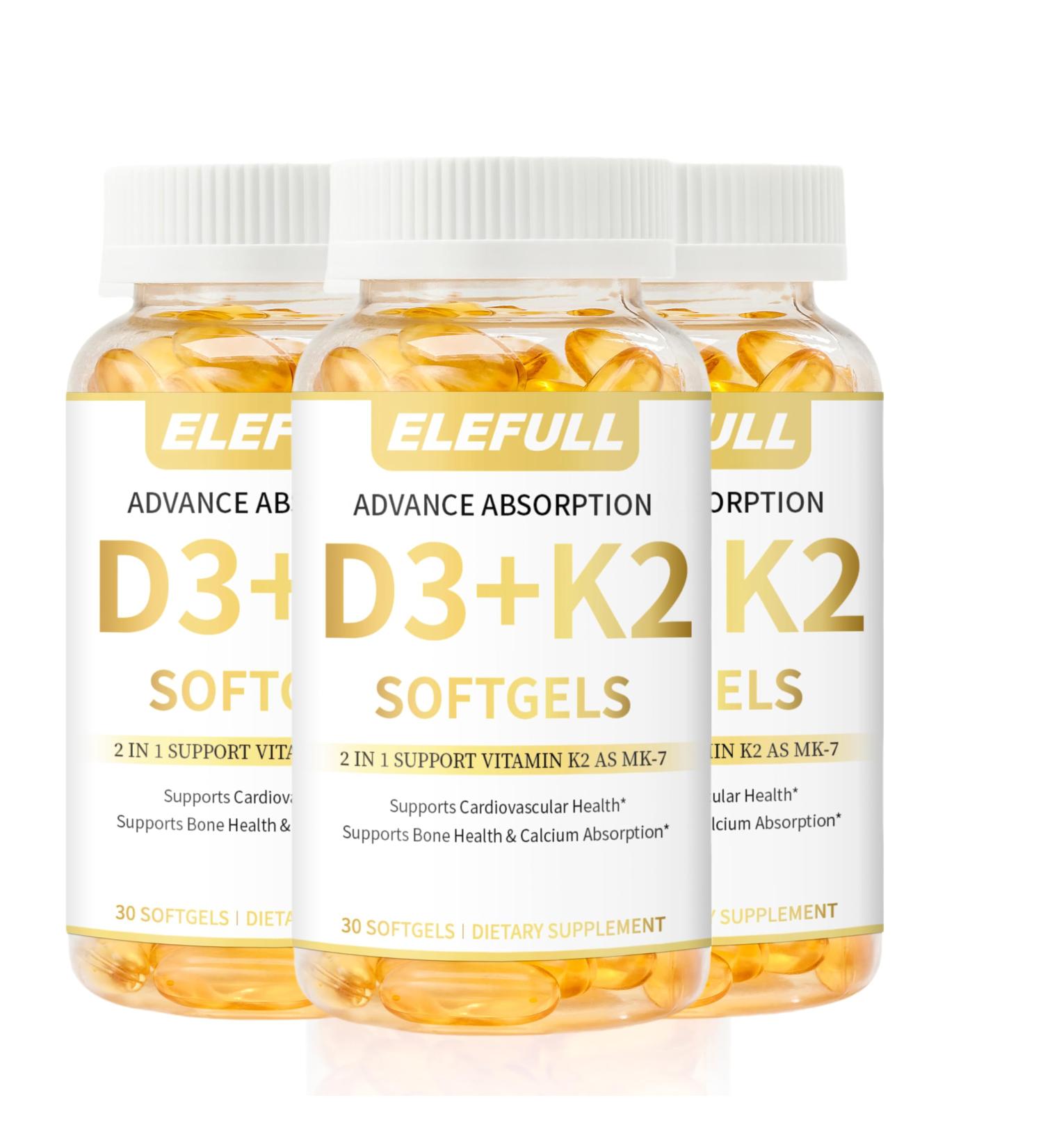 elefull 3-Pack (Factory Direct Wholesale) Vitamin D3 + K2 w/Coconut Oil - Vegan Vitamin D 5000iu & Mk7 Vitamin K 100mcg for Bone & Immune Support - Vegan Certified Non-GMO Soy Free - (60X3) - Buy Online on GoSupps.com