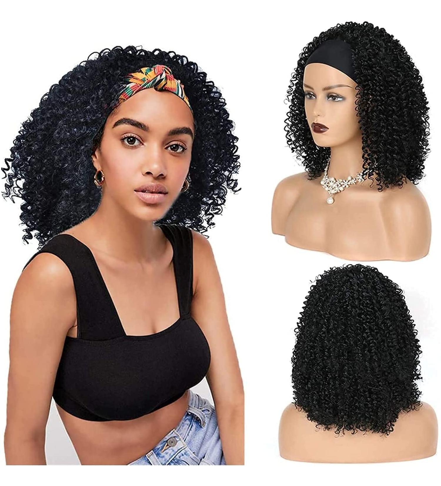 Shop 2-in-1 Short Black Headband Wigs for Women | Afro Kinky Curly Synthetic Wig (16inch) - Buy Online on GoSupps.com