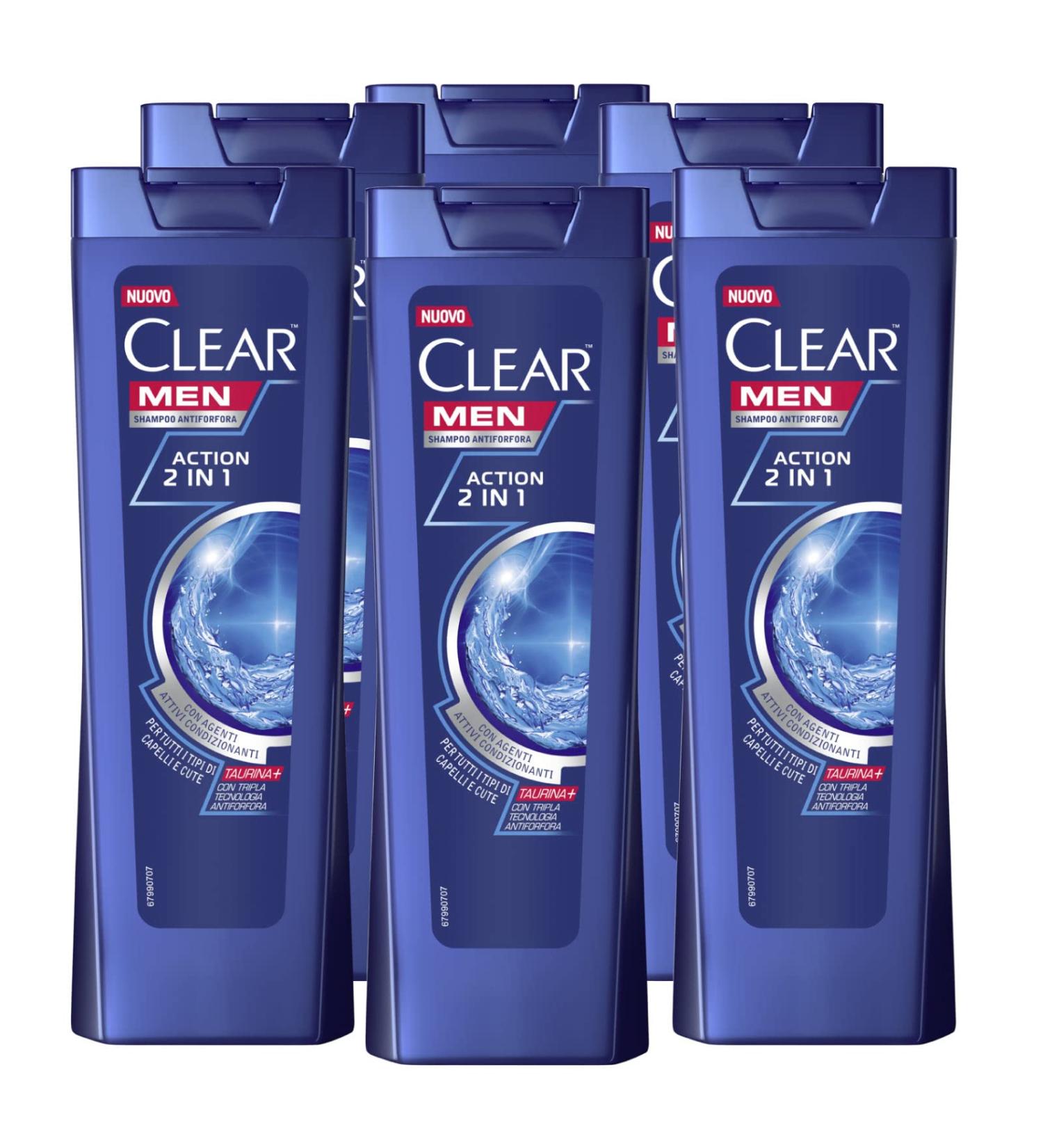 Lot de 6 shampoings anti-pelliculaires Clear Men Action 2 en 1 pour tous les types de cheveux et de peau adapt s un usage fr quent - 6 flacons de 225 ml