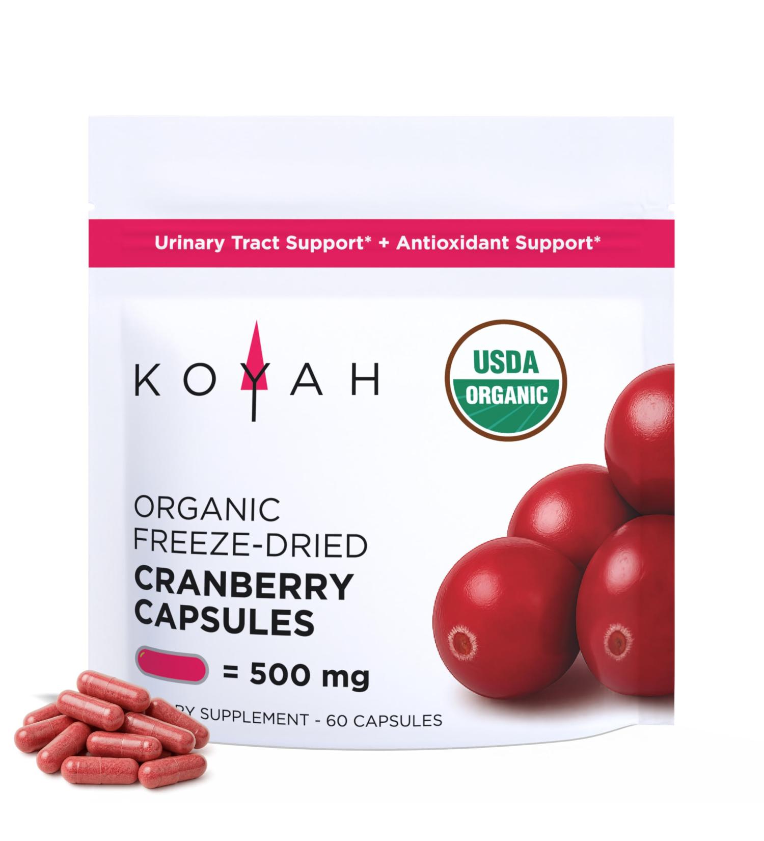 KOYAH - Organic Cranberry Capsules 500 mg Freeze-Dried Whole-Berry Vegan Non-GMO Supports Urinary Tract & Antioxidant Health 60 Capsules - Buy Online on GoSupps.com
