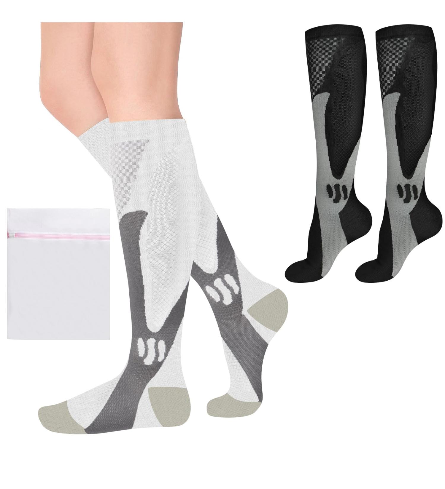 Buy Acwoo Compression Stockings for Men & Women - Medical Knee Socks for Sports & Thrombosis Relief - 2 Pairs L/XL Black/White - International Shipping - Buy Online on GoSupps.com