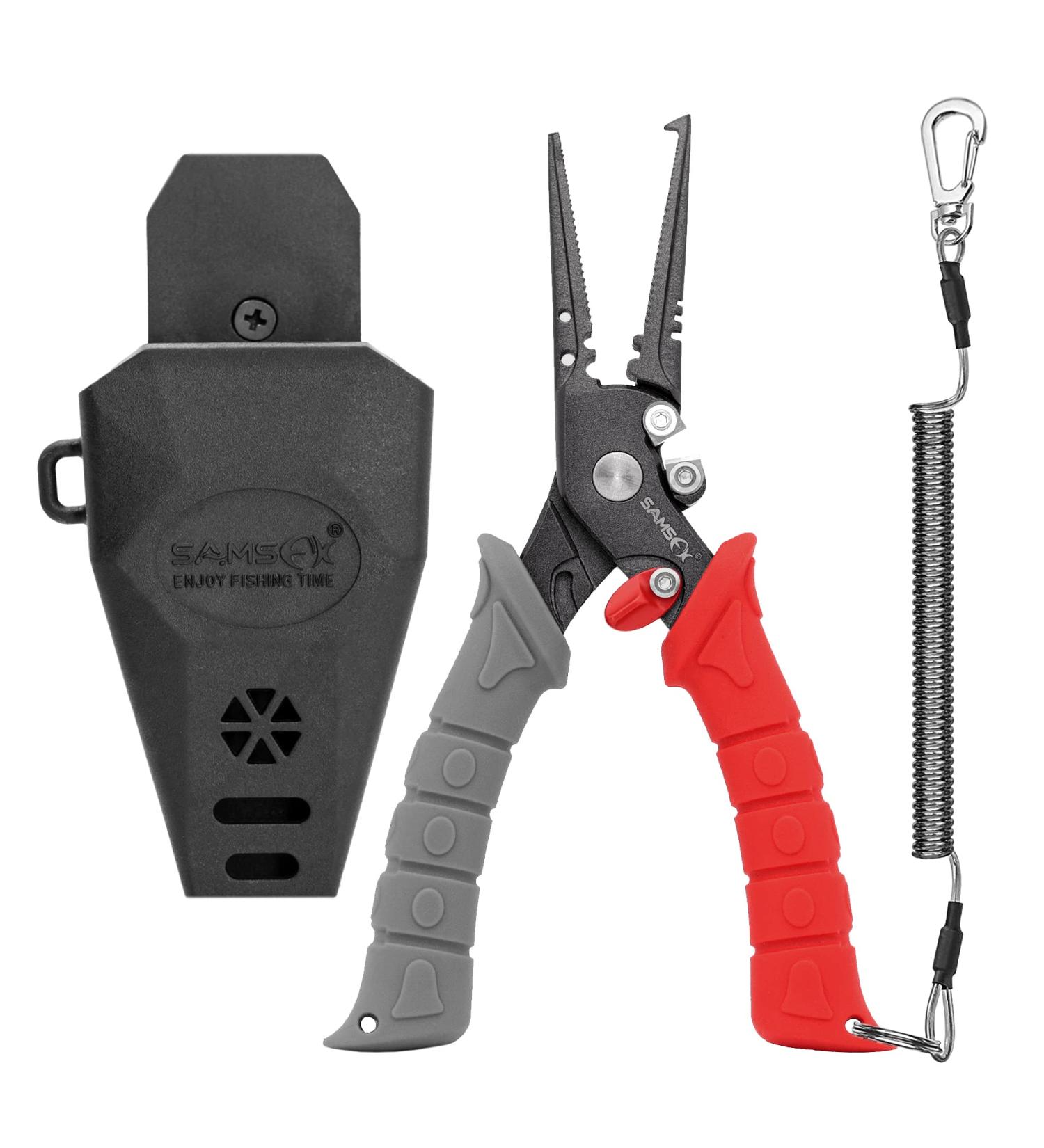 SAMSFX 7.5 inch Fishing Pliers, Stainless Steel Hook Remover Fishing Gear, Tungsten Carbide Cutters, Corrosion Resistant Teflon Coating Gray & Red Hanlde, Split Ring Nose
