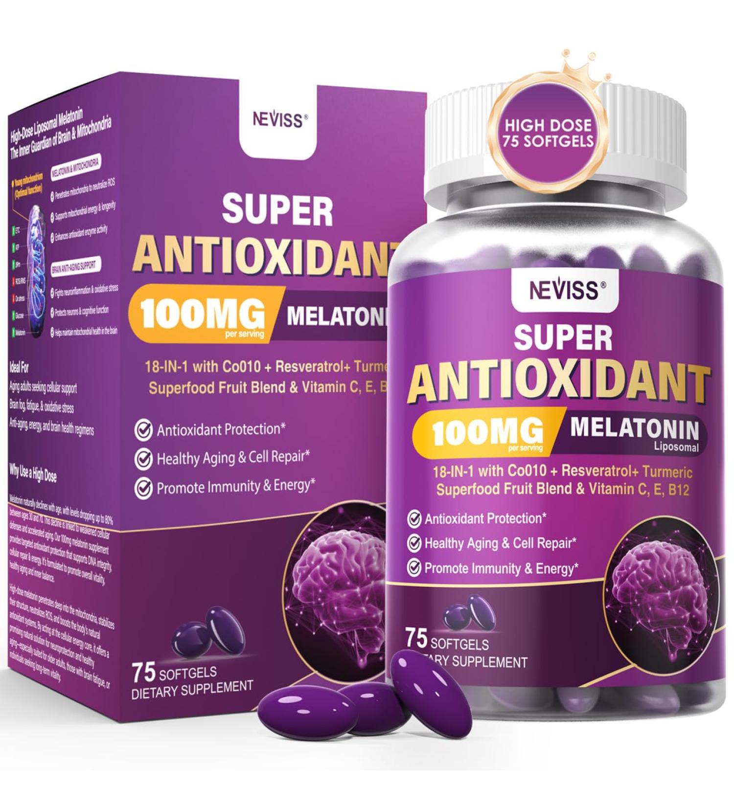 Melatonin 100mg for Antioxidant & Cognitive Health Ultra High Dose Melatonin with CoQ10 Turmeric Trans-Resveratrol Vitamin B12 C E for Brain Anti-Aging Cellular Repair and Energy 75 Softgels 75 Count (Pack of 1) - Buy Online on GoSupps.com