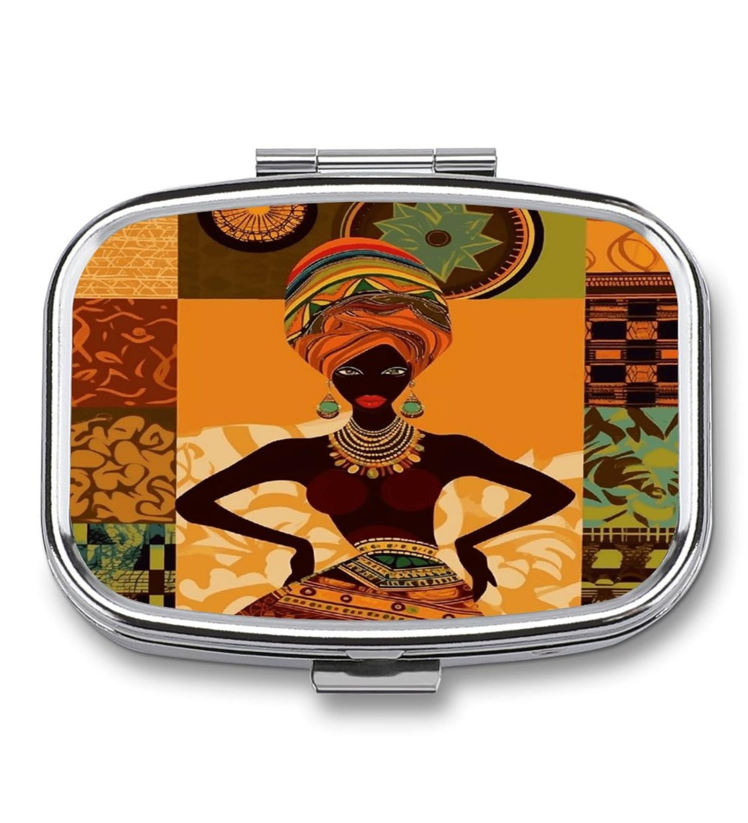 Shop Stylish African Woman Print Pill Box - 2 Compartment Metal Organizer for Travel & Purse - Buy Online on GoSupps.com