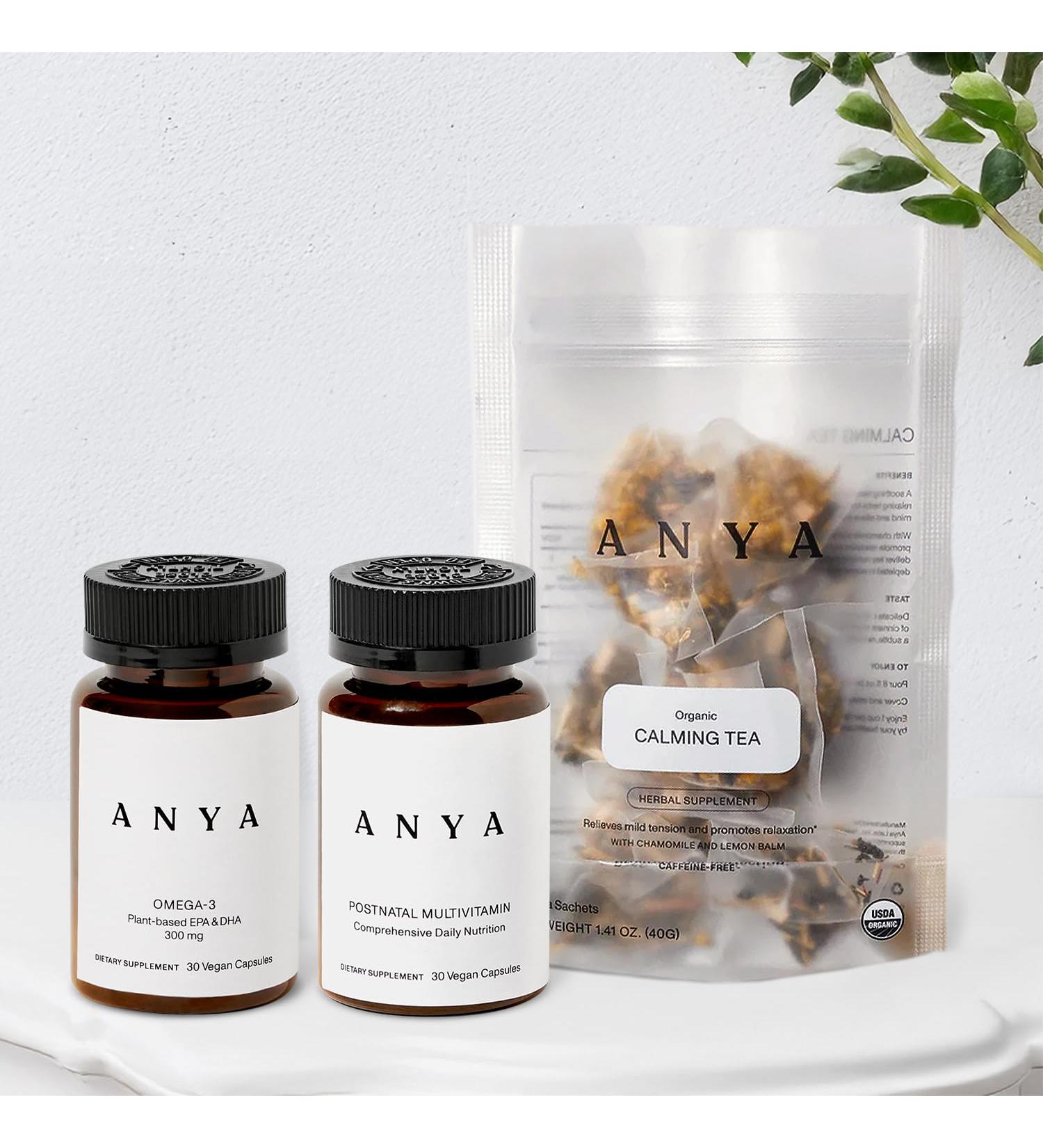 ANYA Multivitamin + Calming Tea Bundle Postpartum Essentials for Women Postnatal Supplements Postpartum Essentials Calm Relaxing Tea 20ct - Buy Online on GoSupps.com