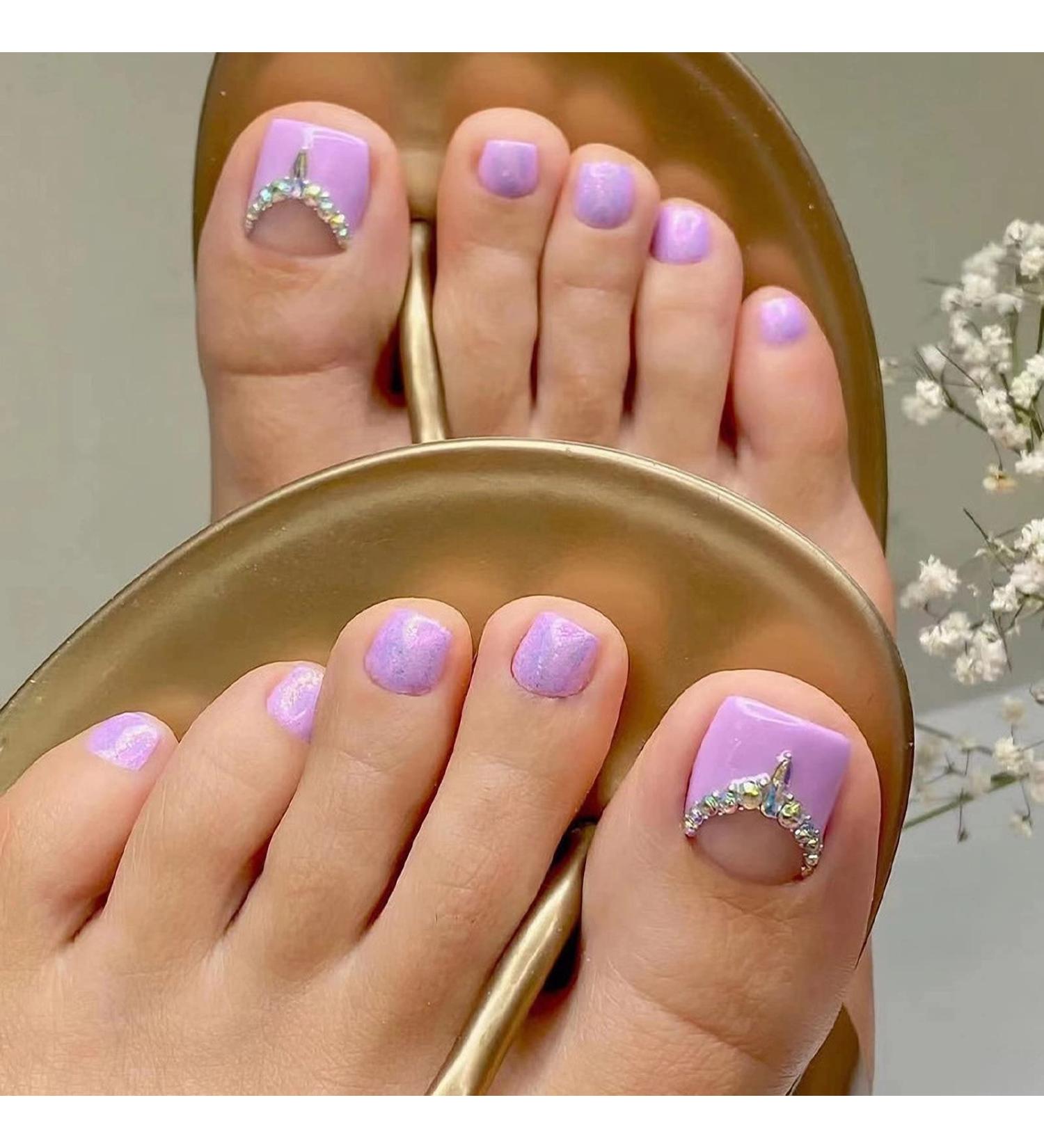 MISUD Purple French Tip Glue-On Fake Toenails with Rhinestone Design - 24 Pack - Buy Online on GoSupps.com