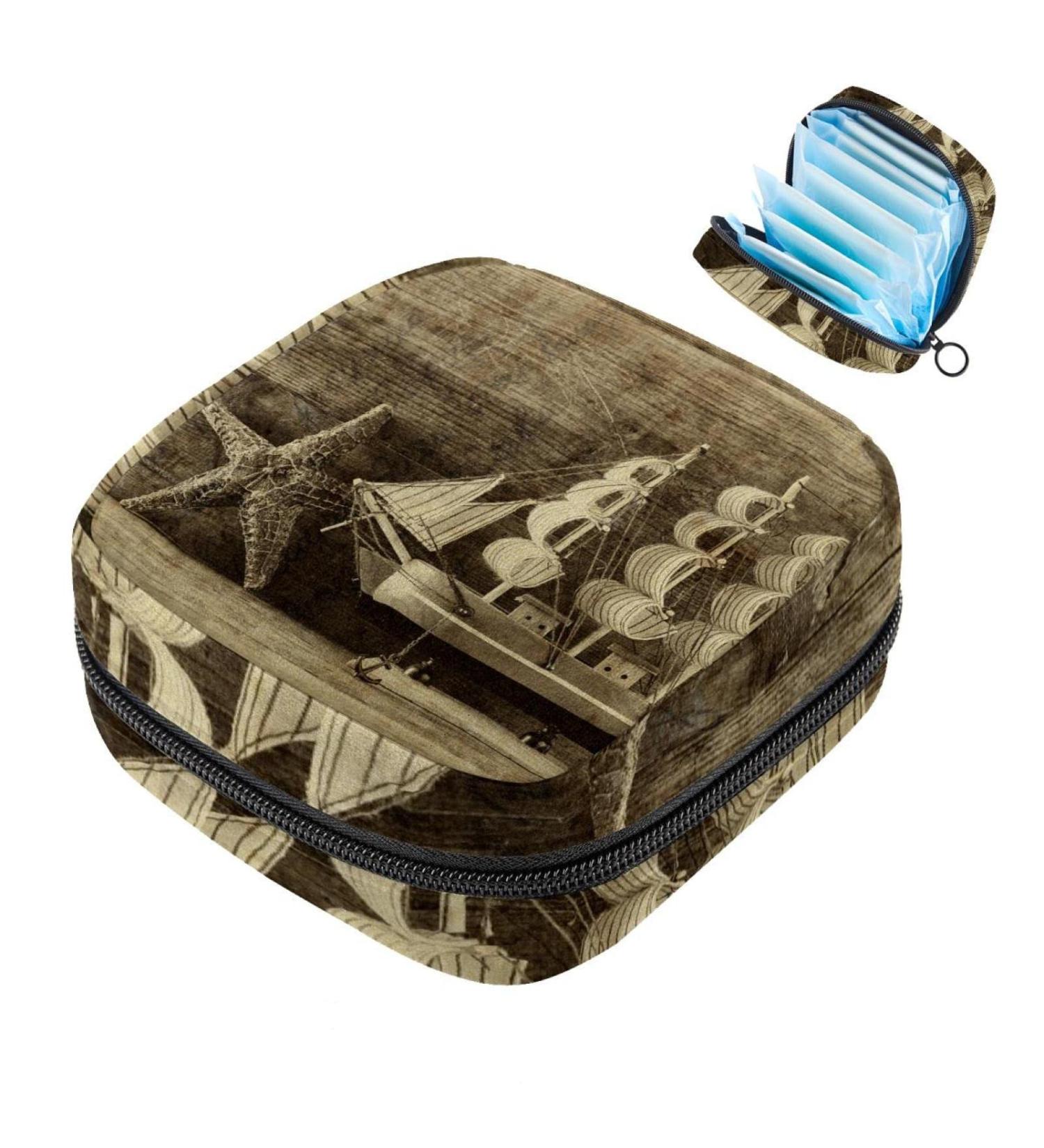 Menstruation Pad Bag with Zipper | Vintage Wood Sailboat Design | Stylish Collection Bags for Women & Girls - Buy Online on GoSupps.com