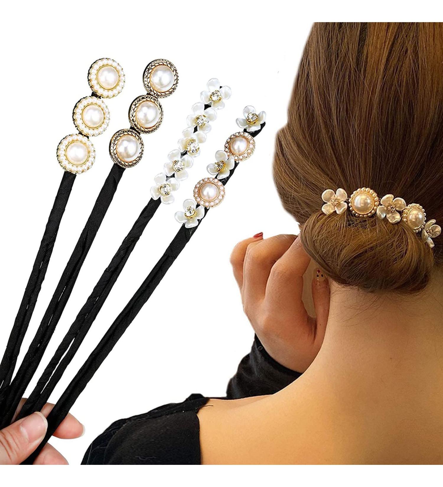 4-Piece Pearl Flower Hair Bun Maker Set | Women's & Girls' Hair Styling Tools - Donut Hair Dutt & Knot Holder - Buy Online on GoSupps.com