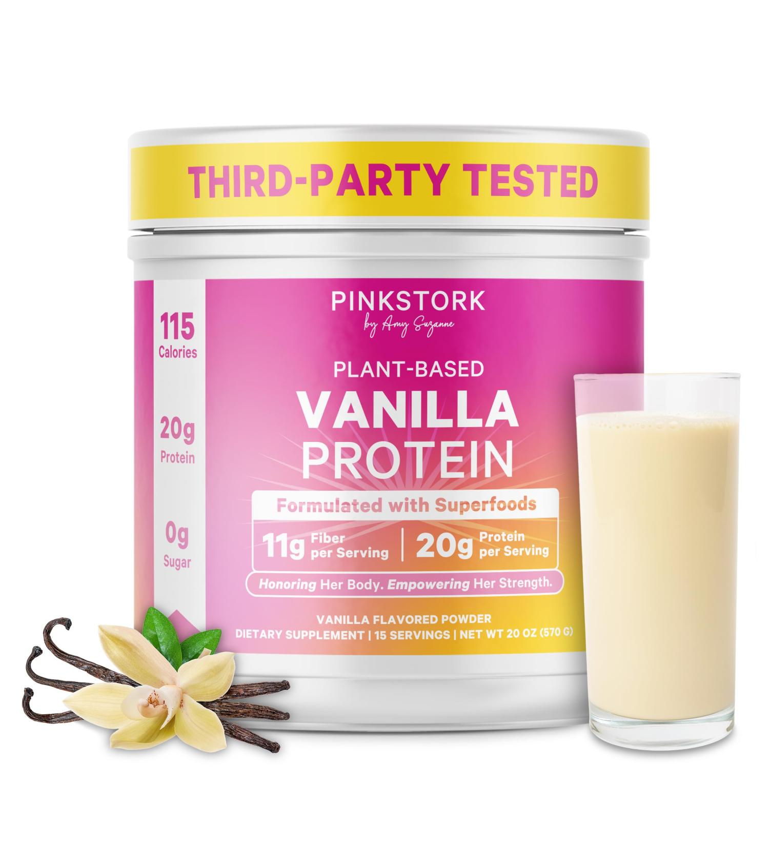 Pink Stork Protein Powder for Women 20g Plant Based Protein Powder with Fiber + Superfoods Gluten Free Dairy Free Sugar Free Pregnancy Friendly Vanilla Protein Shake - 15 Scoops - Buy Online on GoSupps.com