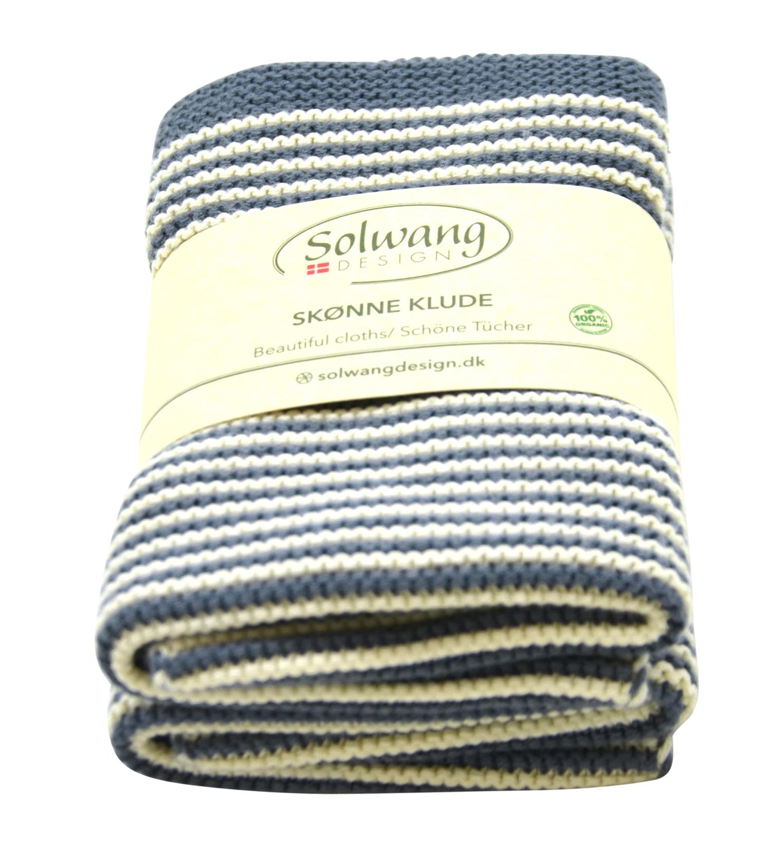Solwang 2- Pack Striped 100% Organic Danish Cotton Beautiful Wash Cloth in Garter Stitch Knit - Made in India 10 inch Square (2-Pk Nature/Dark Rustic Blue Organic)