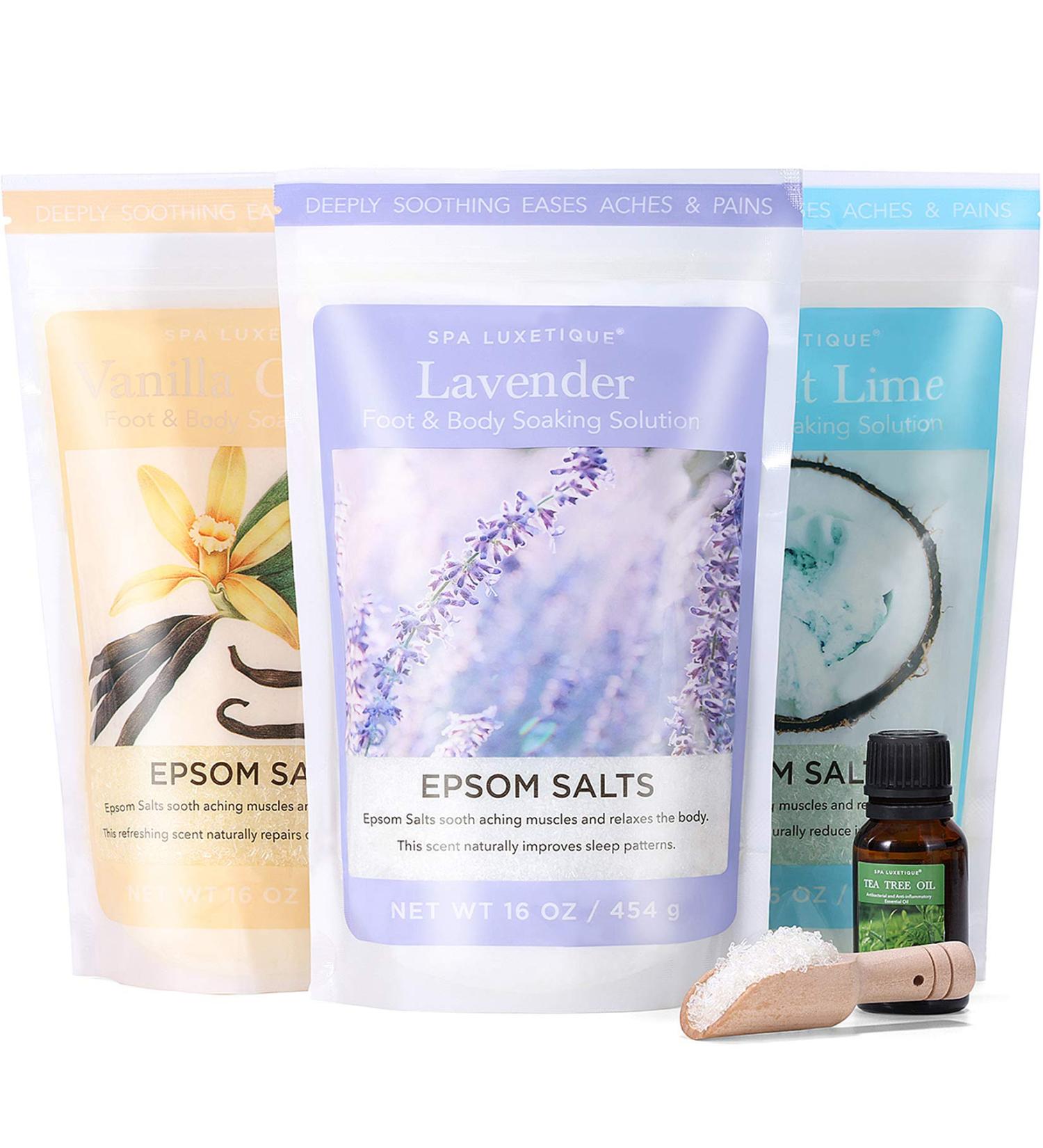 Spa Luxetique Bath Salts for Women 3 x 454g(16oz) Bath Salts Set Epsom Salts for Soaking with Tea Tree Oil and Wooden Spoon Lavender Vanilla Coconut Lime Nourishing Daily Use Bathing Spa Gifts for Birthday Christmas - Buy Online on GoSupps.com