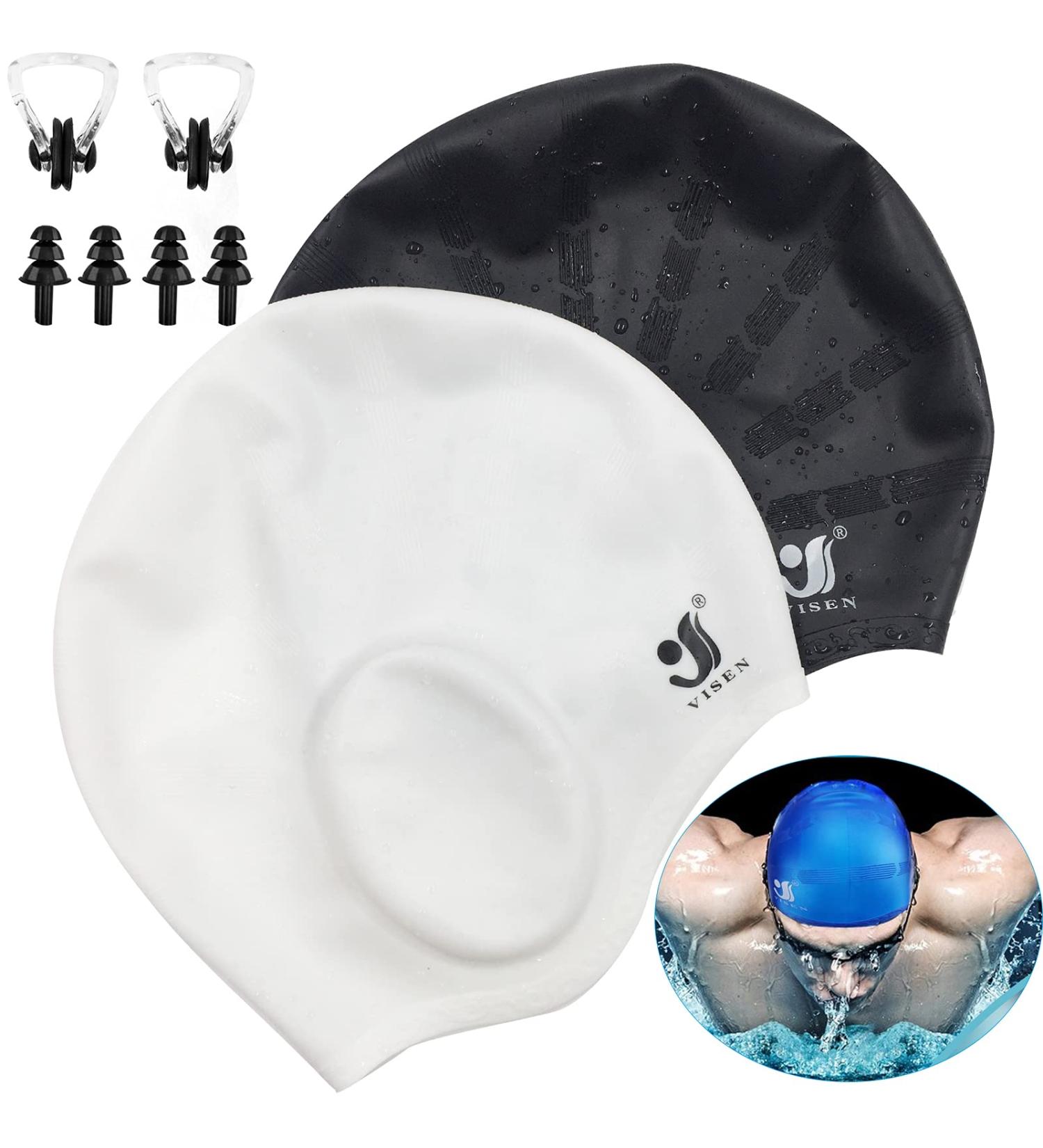 Unisex Silicone Bathing Cap with Ear Protection - 2PC Waterproof Swimming Caps for All Hair Types with Earplugs & Nose Clamp - Elastic Black & White Swim Caps for Adults & Kids - Buy Online on GoSupps.com