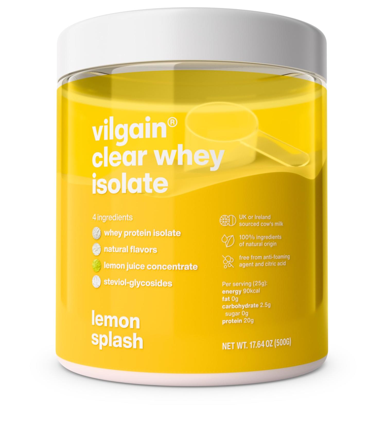 Vilgain Clear Whey Isolate Fresh Fruity Protein Flavour Sweetened with Stevia Over 85% Protein Natural Ingredients No Artificial Flavours and Dyes (17.64 g Lemon Splash) - Buy Online on GoSupps.com