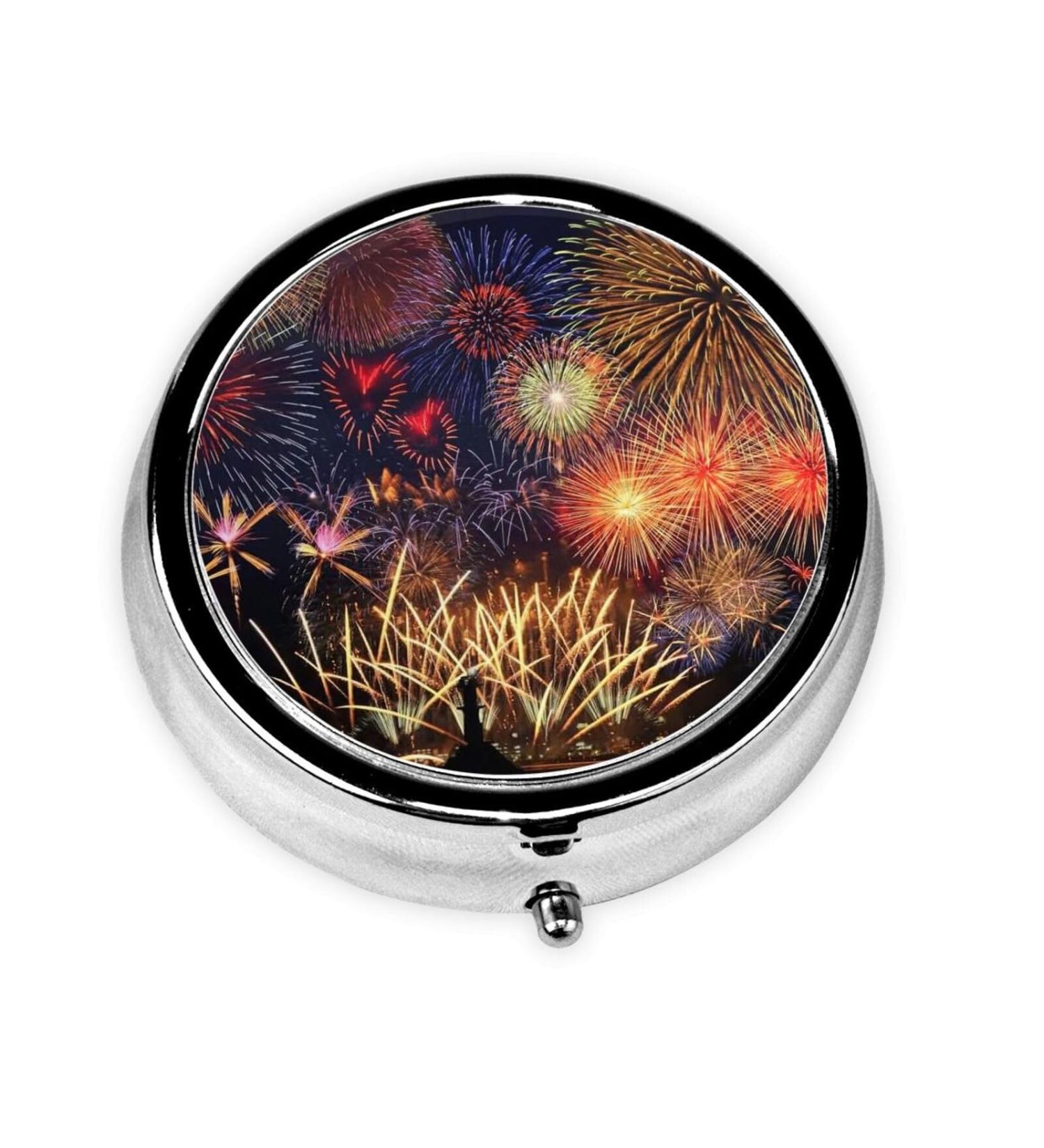 Fireworks Portable Round Pill Box - Lightweight Moisture-Proof Vitamin Organizer | International Shipping Available - Buy Online on GoSupps.com