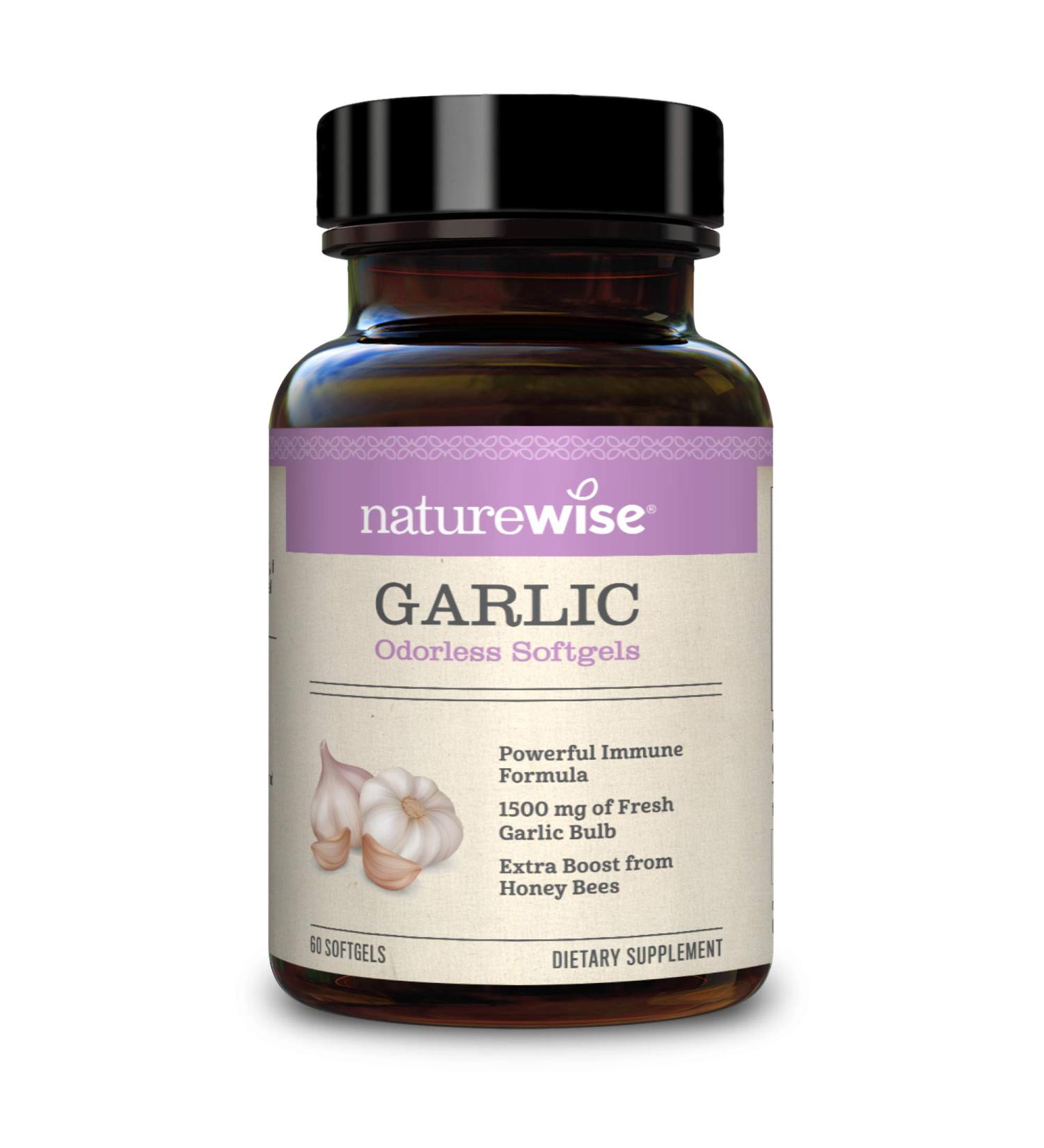 NatureWise Garlic Odorless Softgels 1500mg - Cardiovascular & Immune Support - Antioxidants & Bee Pollen - 60 Count - Buy Online on GoSupps.com