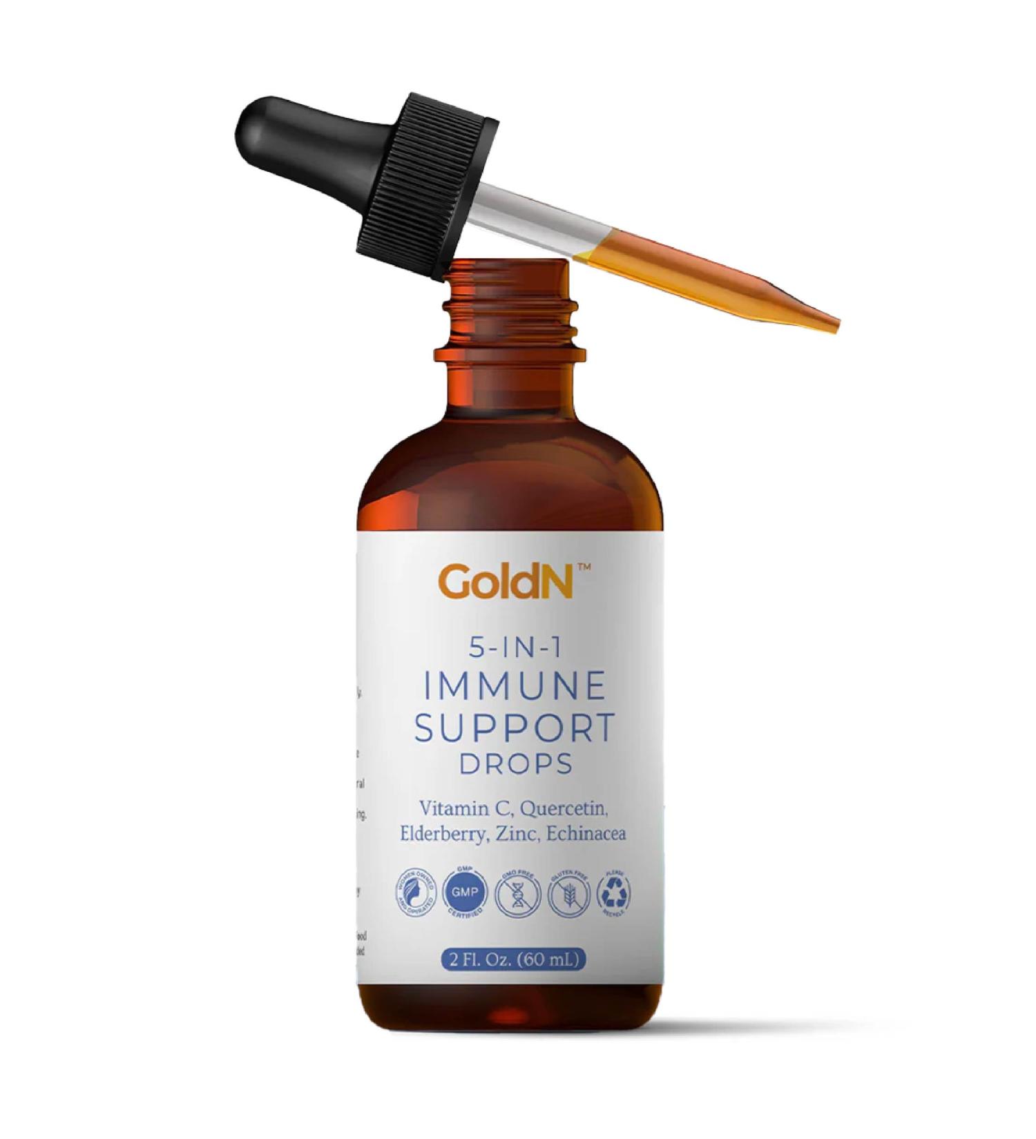 GoldN 5-in-1 Immune Support Drops | Vitamin C Quercetin Elderberry Zinc Echinacea | No Artificial Ingredients | Non-GMO Gluten-Free | 2oz (60ml) | 1-Month Supply - Buy Online on GoSupps.com