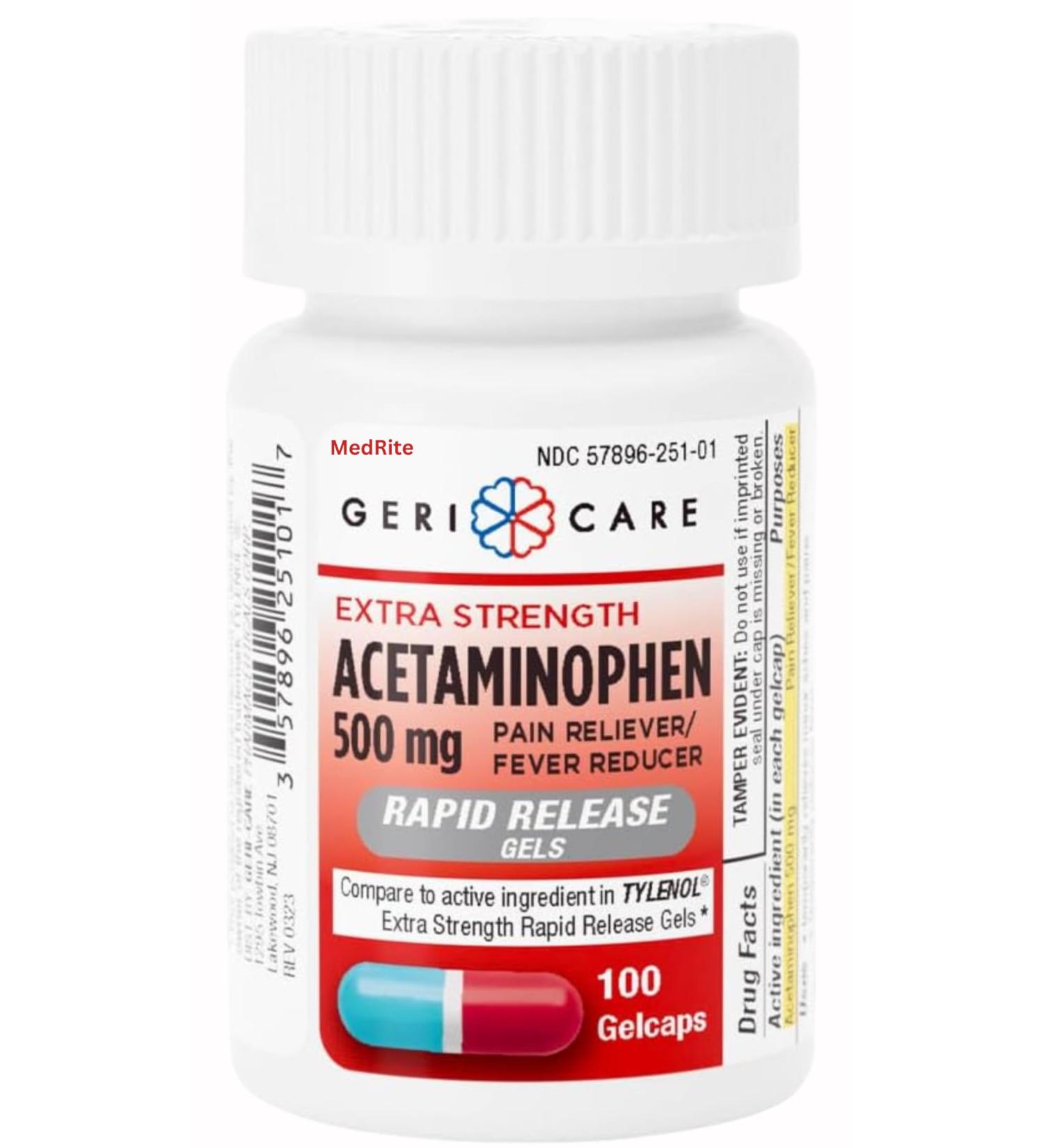 MedRite Acetaminophen 500mg Extra Strength - 100 Rapid Release Gelcaps - Over-The-Counter Medication