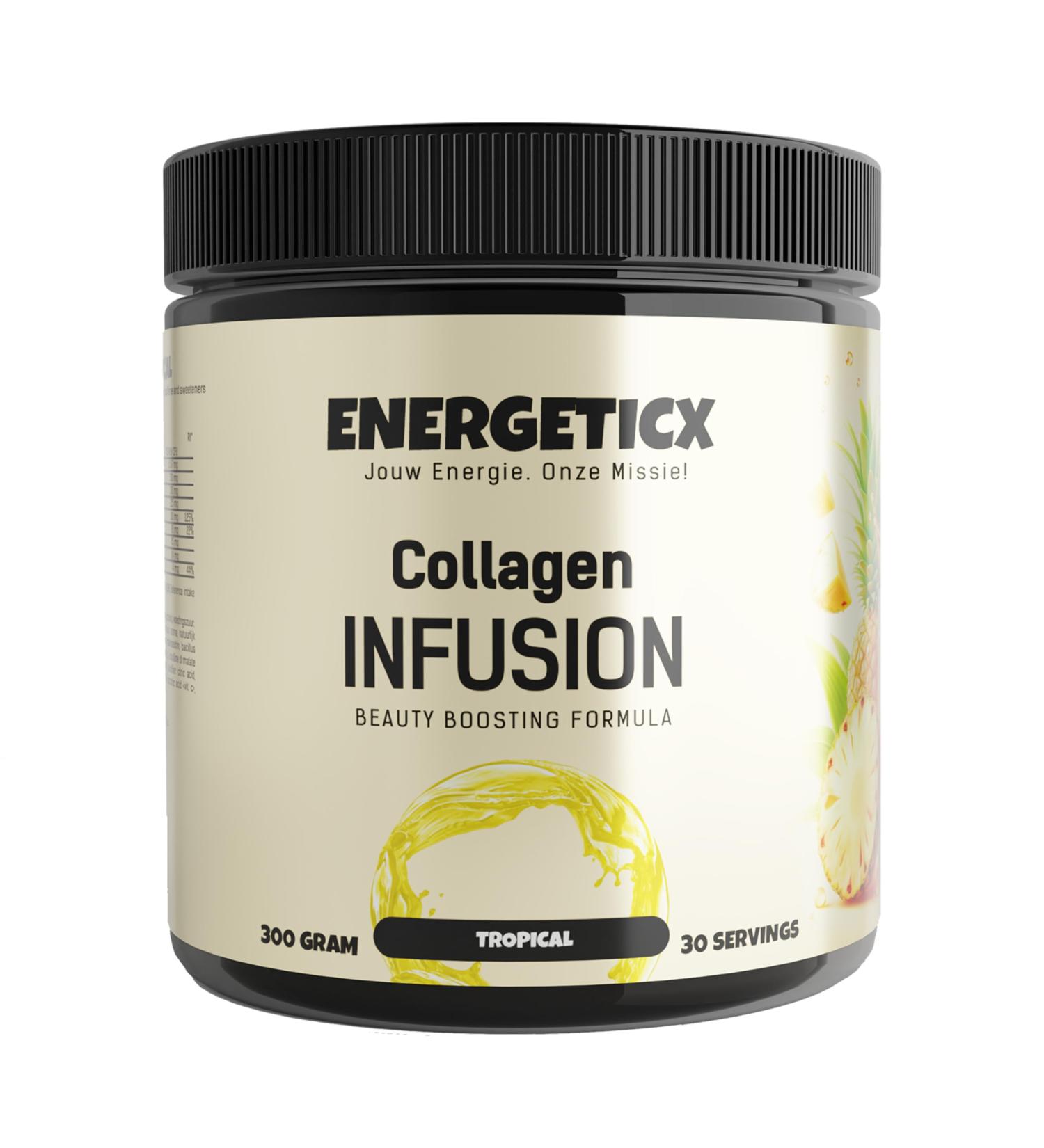 Energeticx Enjoy the delicious taste of Tropical Collagen Infusion and experience the benefits This refreshing drink is enriched with vitamin C which contributes to normal collagen formation - Buy Online on GoSupps.com